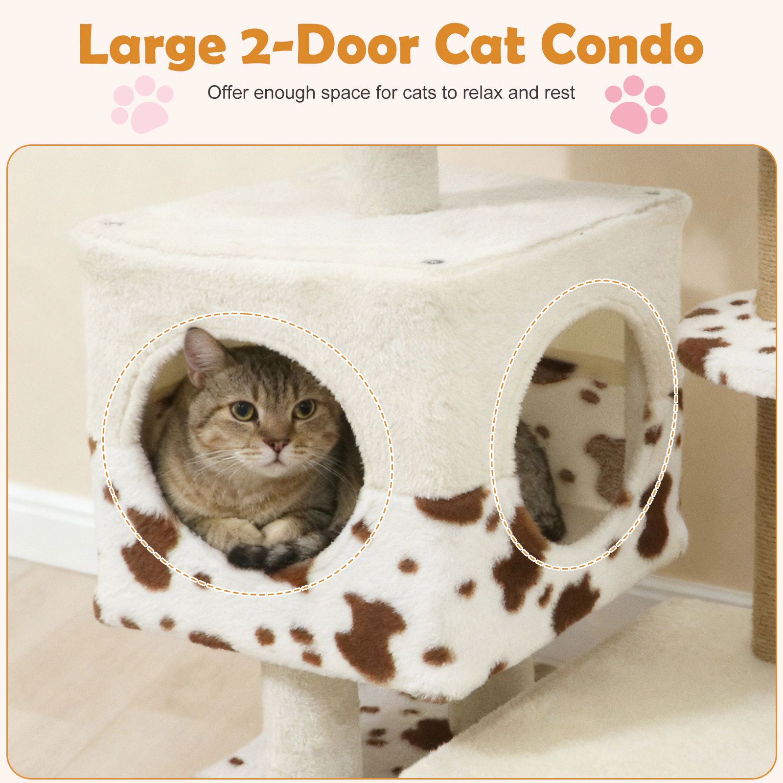 SUGIFT Modern Cat Tree Indoor Cat Tower with Wide Upholstered Perch and 2-Entrance Cat Condo 30-in Tall White Brown