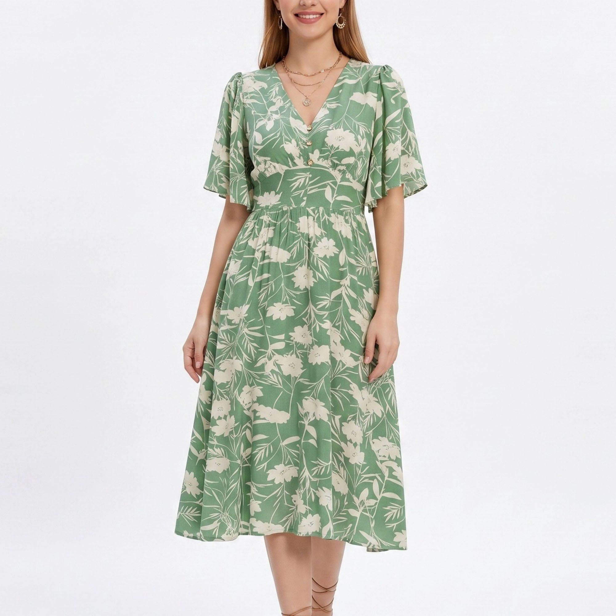 Anna-Kaci Women's Floral Print Flutter Sleeve Smocked Waist Midi Dress