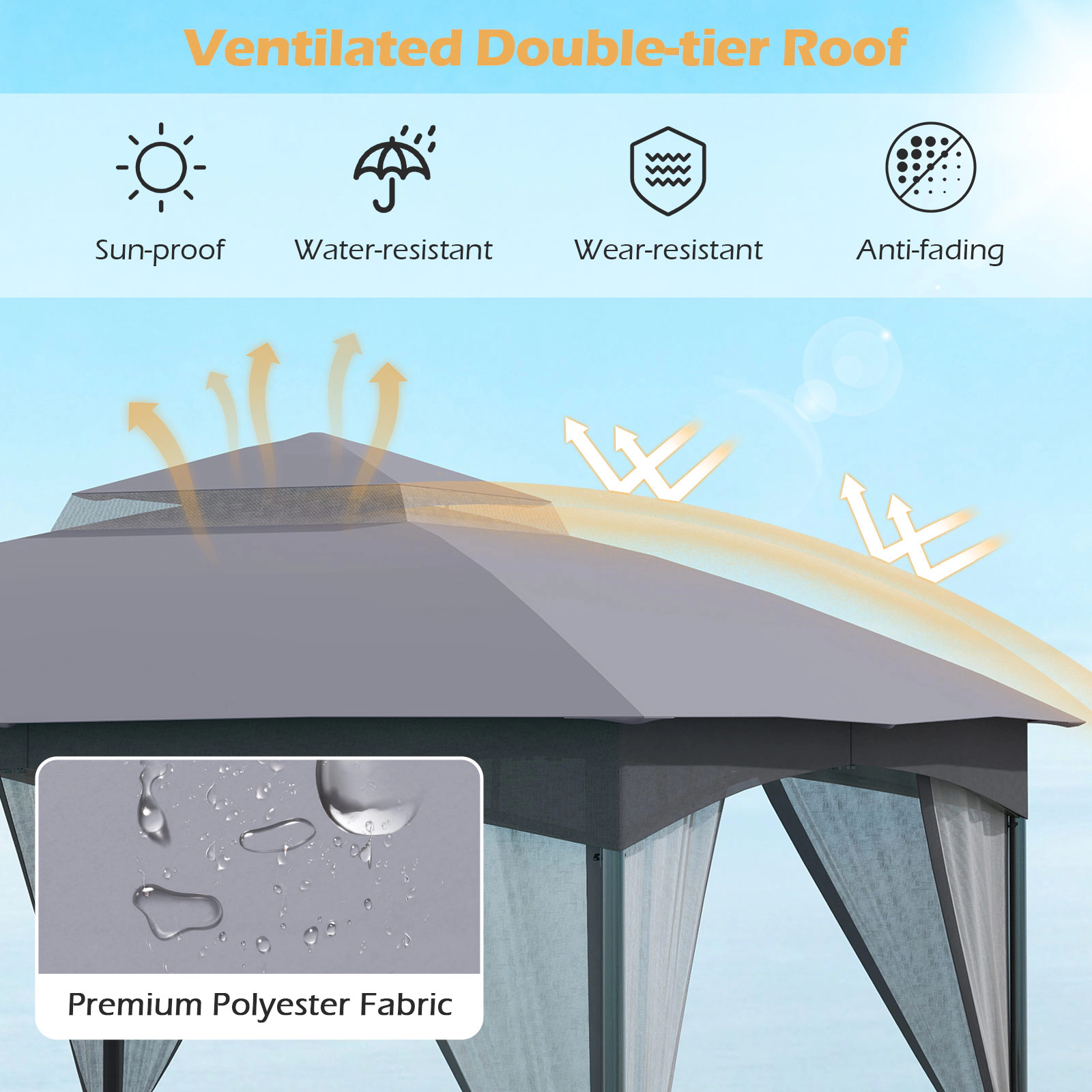 SUGIFT 10-ft x 10-ft Gray Patio Gazebo with 4 Removable Netting Walls 4 Sandbags and Ceiling Hook