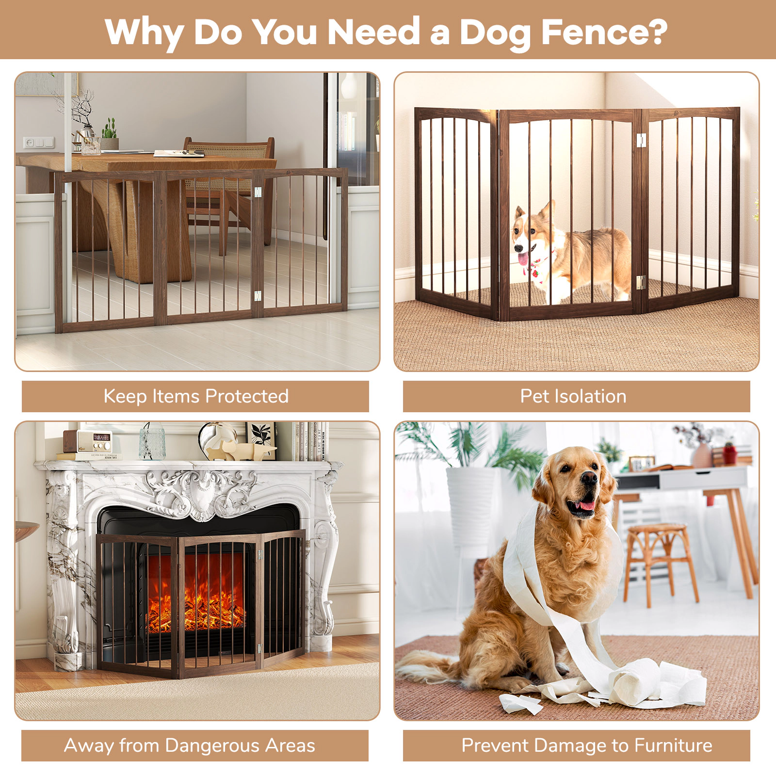 SUGIFT Brown 30 Inch Tall for Cats Small and Medium Dogs Wooden Pet Fence
