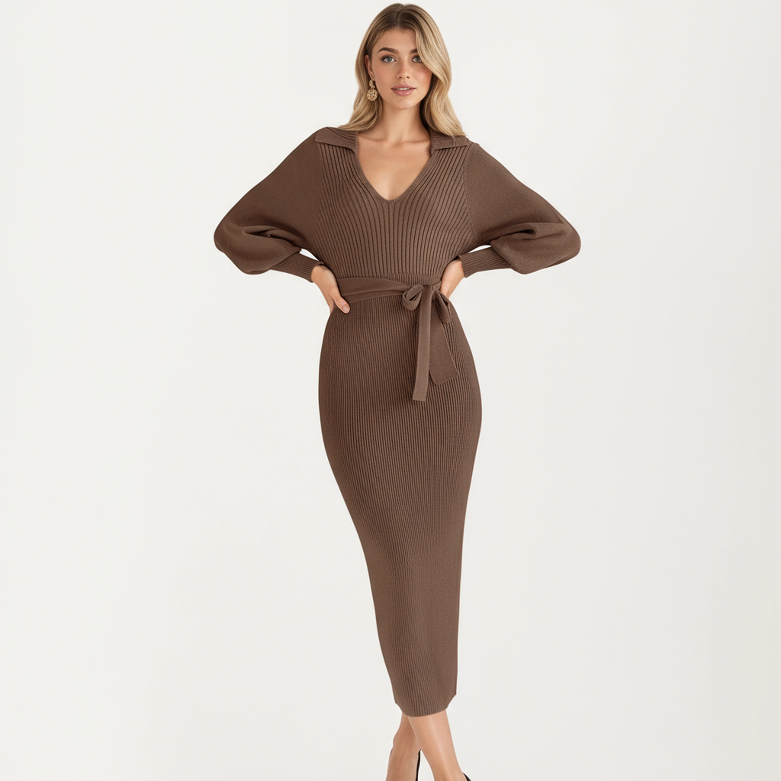 Anna-Kaci Women's Long Sleeve Ribbed Knit V-Neck Waist Tie Midi Dress