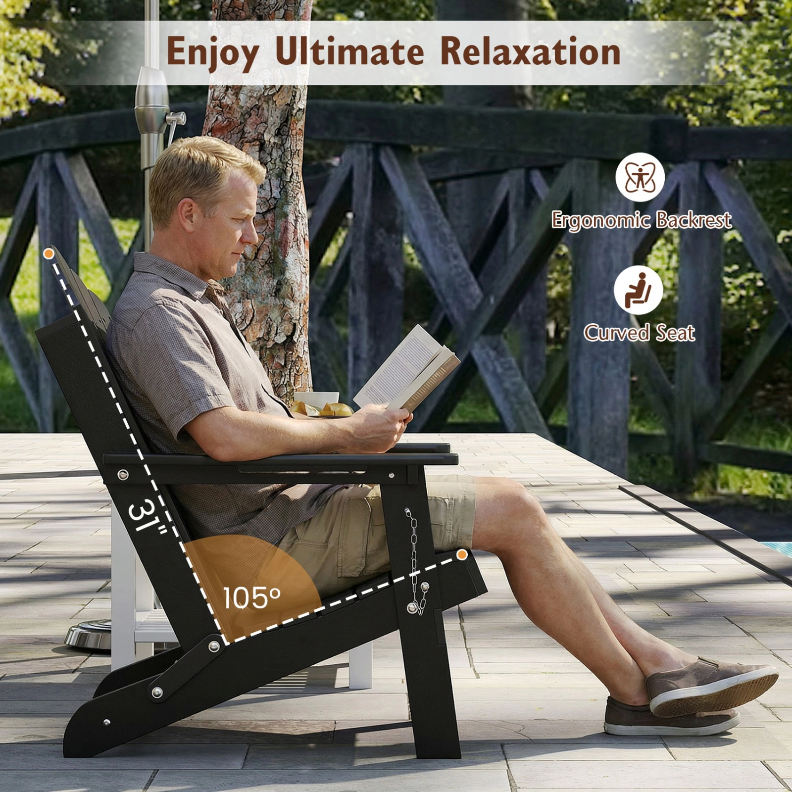 SUGIFT Weather Resistant Folding HDPE Adirondack Chair 400-lb Capacity Black
