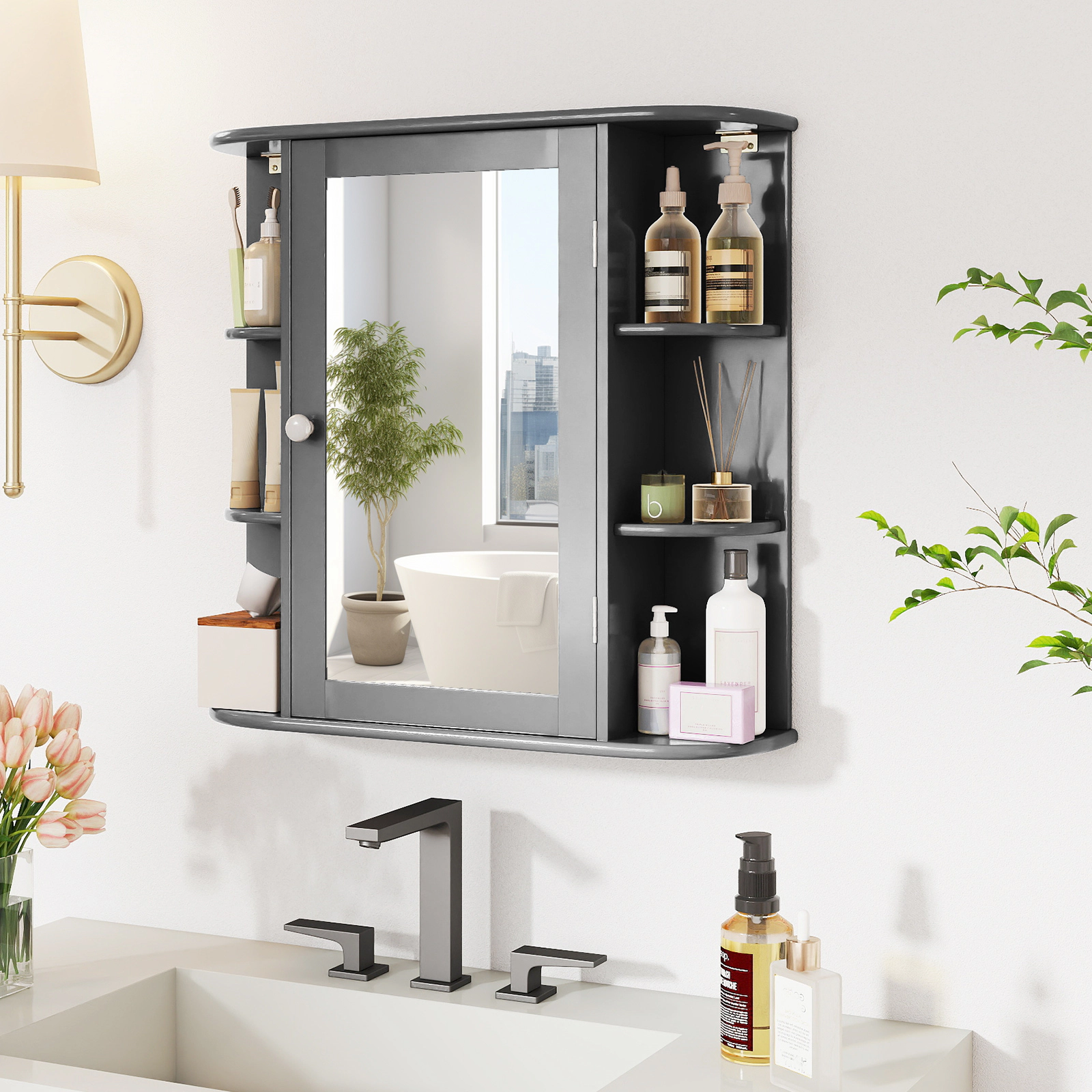 SUGIFT Mirrored Door 4 Internal Tiers 6 Open Shelves Bathroom Medicine Cabinet 26-in x 6.5-in x 25-in 44-lb Top Gray