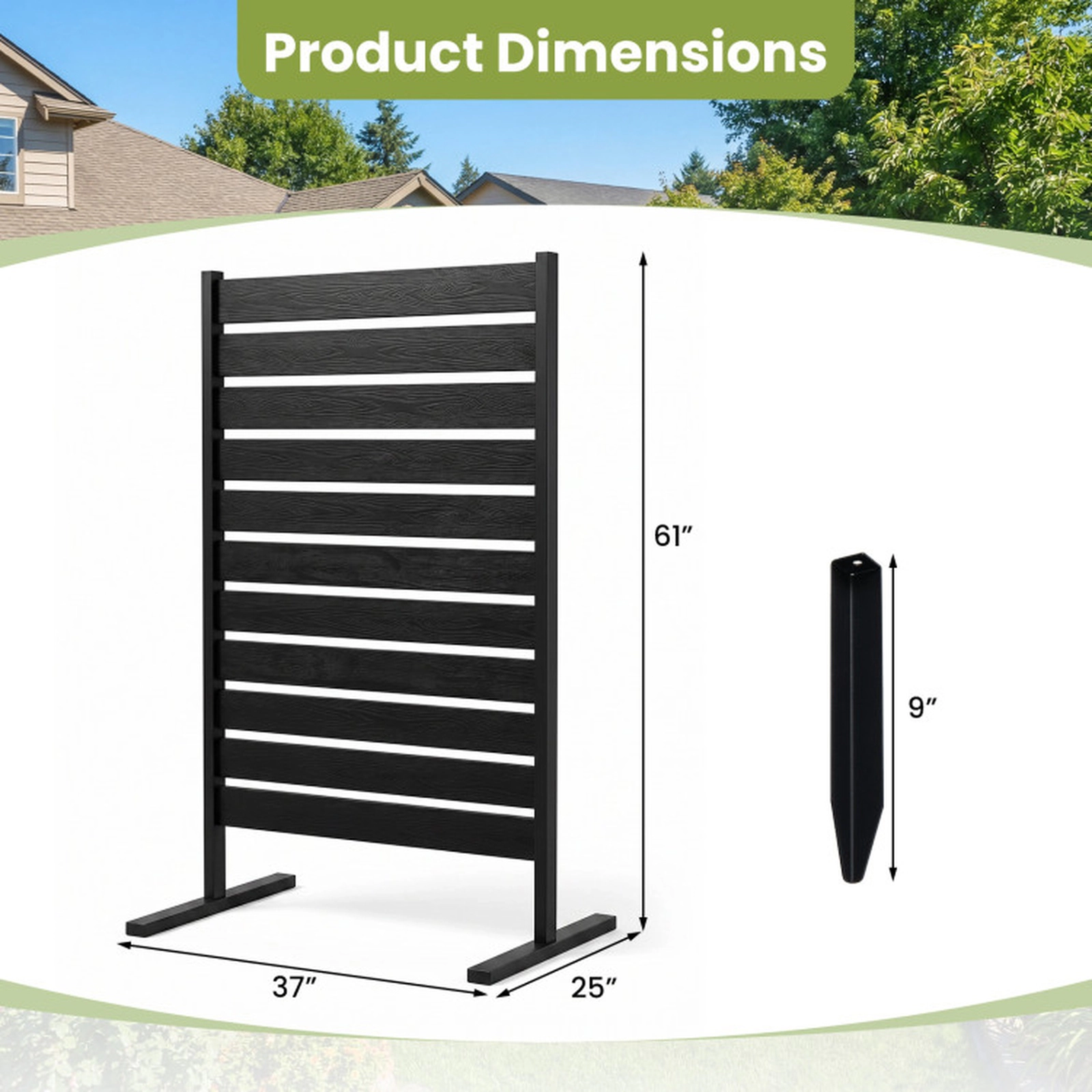 SUGIFT Freestanding 64-in Black HIPS Slatted Outdoor Privacy Screen Fence with Metal Ground Stakes