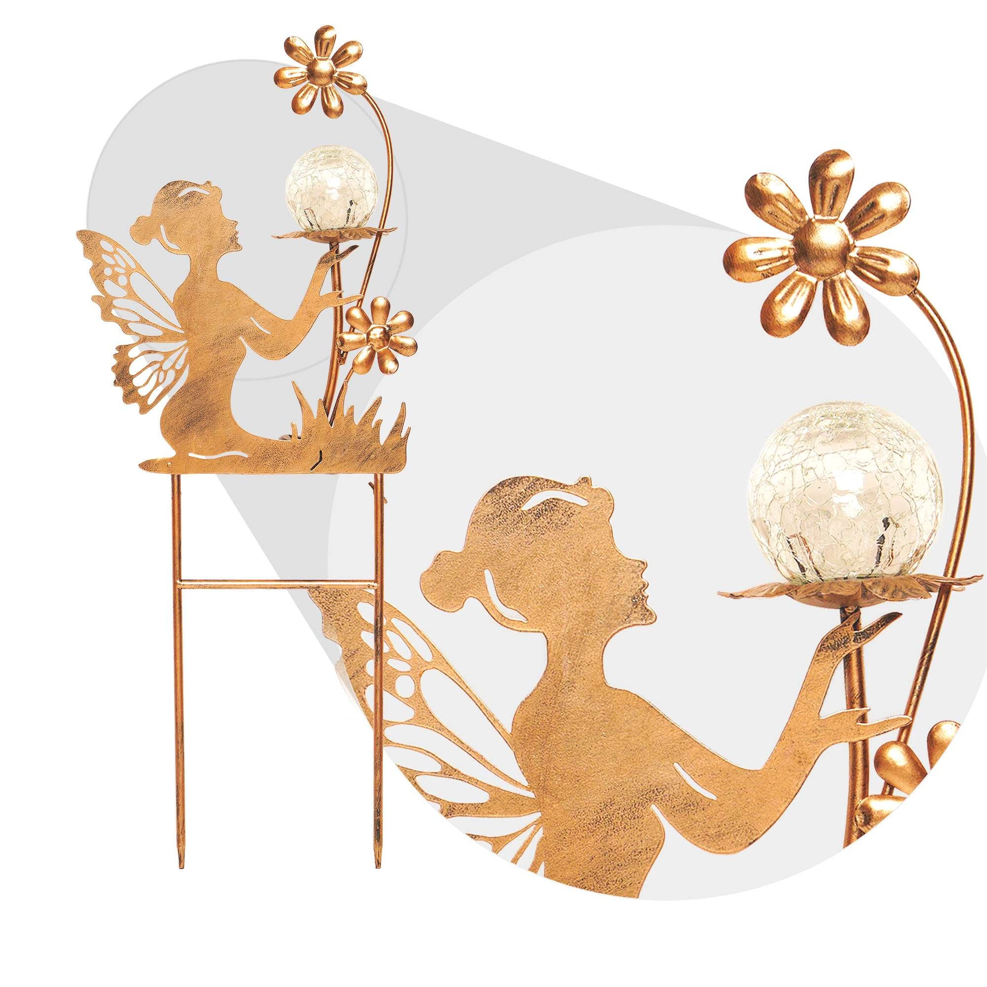 G128 28in Fairy Solar Garden Stake, Angel Figurine with Color-Changing Crack Glass Moon