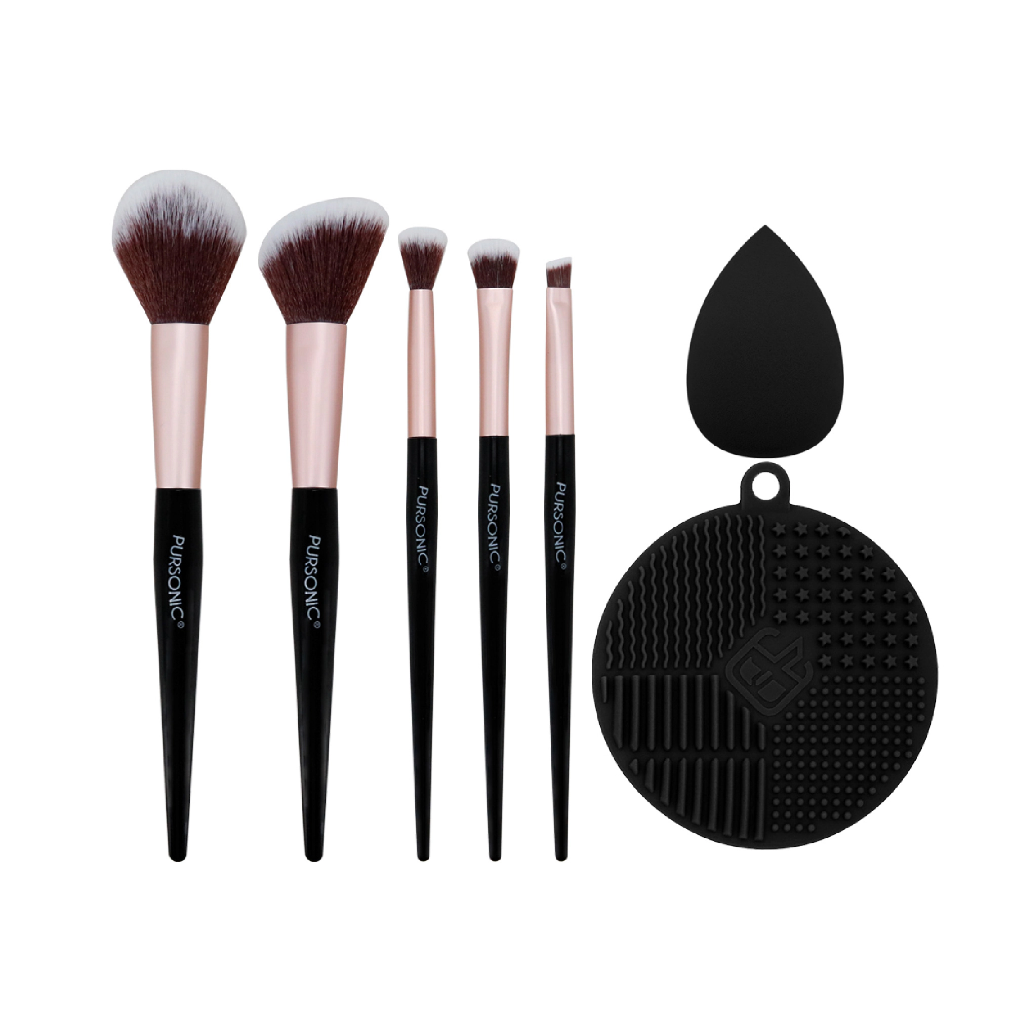 Pursonic Women's Complete Glam Makeup Brush Set: 7-Piece Face & Eye Brushes, Beauty Sponge & Silicone Cleaner
