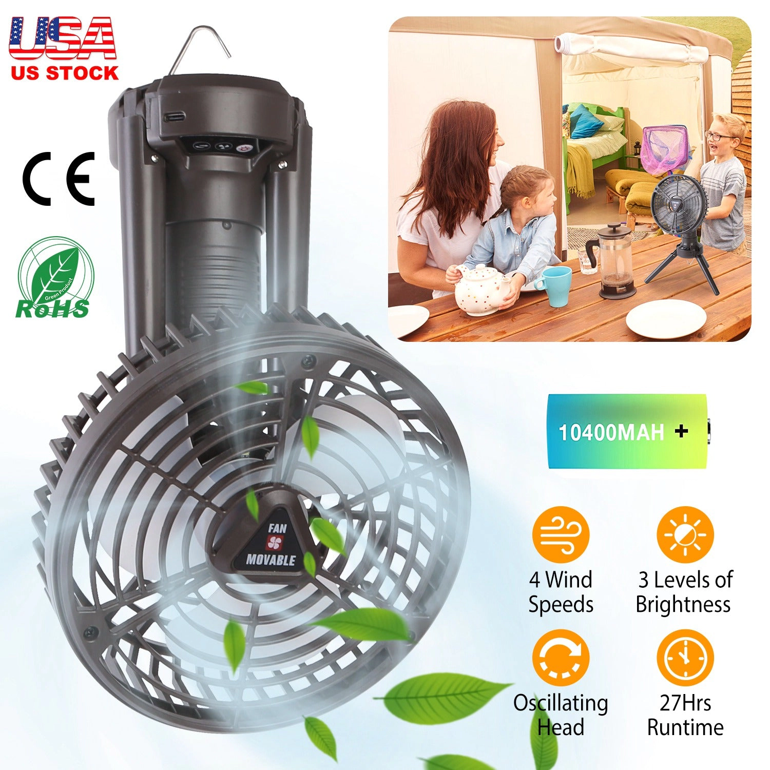 GBruno 10400mAh Rechargeable Camping Fan With LED Light