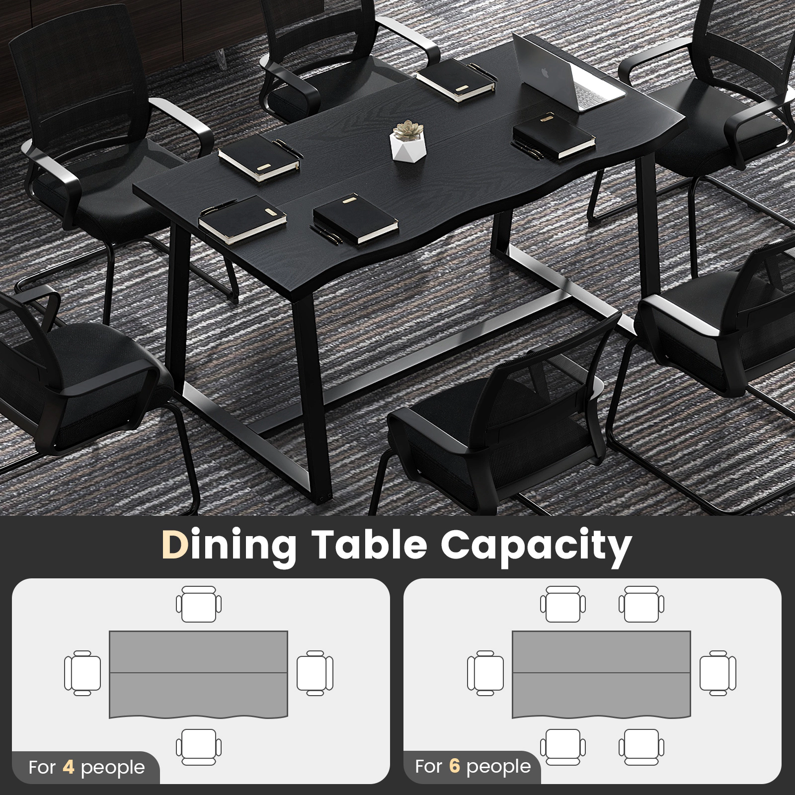 SUGIFT 63-in Large Wavy Edge MDF Dining Table with Heavy-Duty Metal Frame 220-lb Capacity Seats 4-6 Coffee/Black