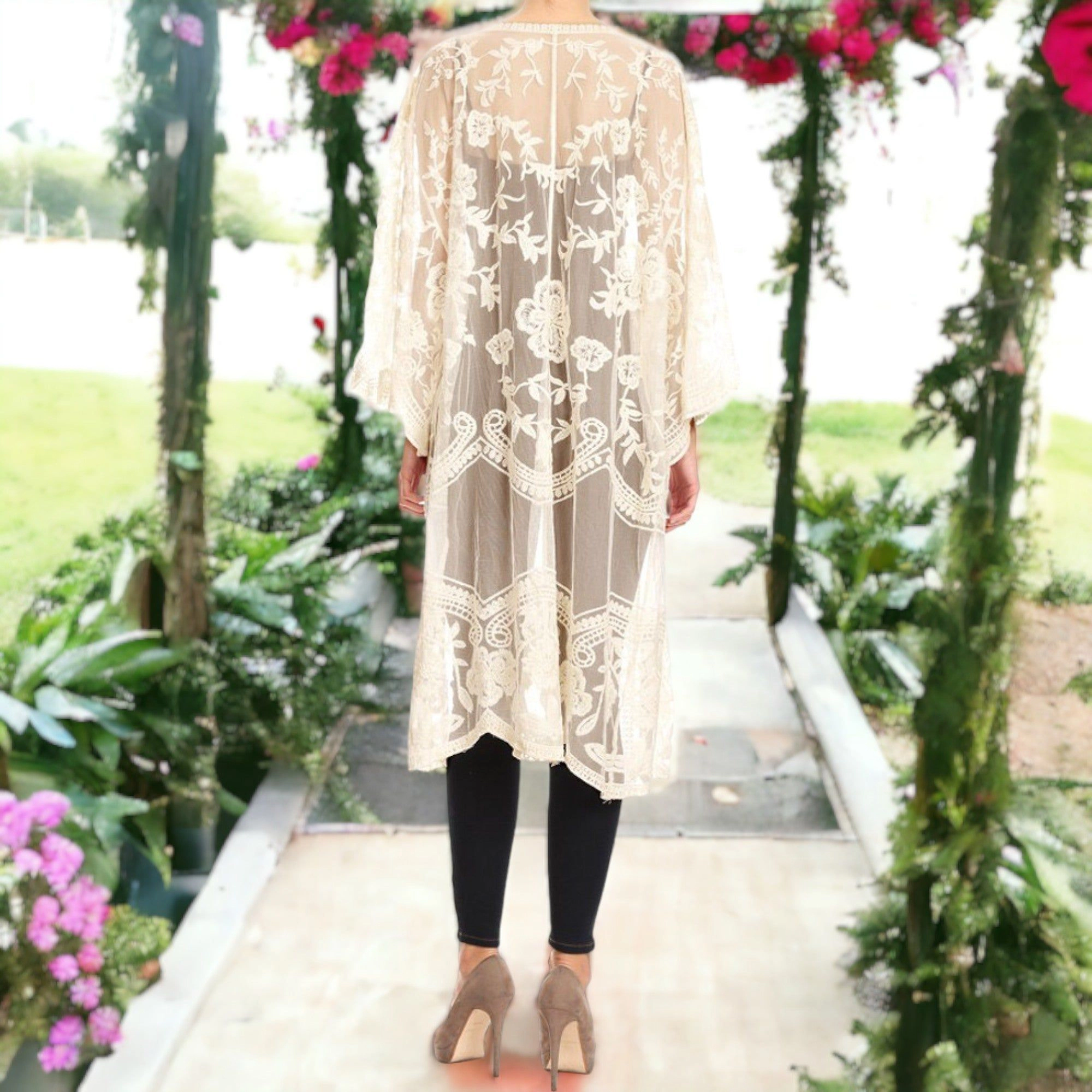 Anna-Kaci Women's Embroidered Floral Butterfly Crochet Drop Shoulder Cardigan