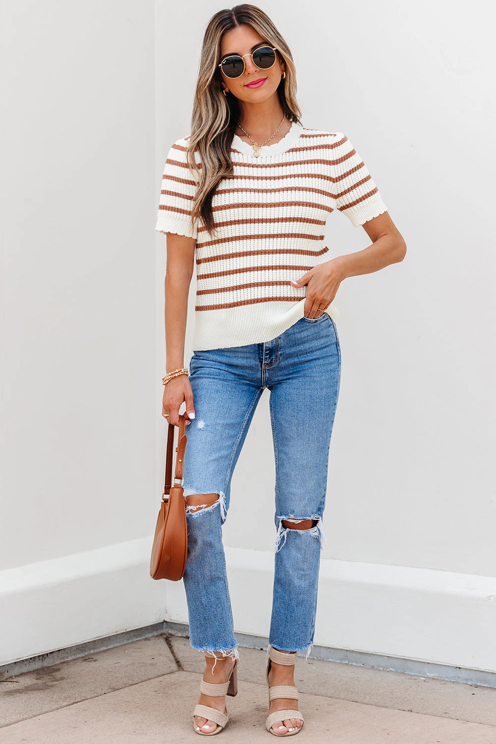 Threaded Pear Women's Eloise Stripe Scalloped Round Neck Short Sleeve Sweater