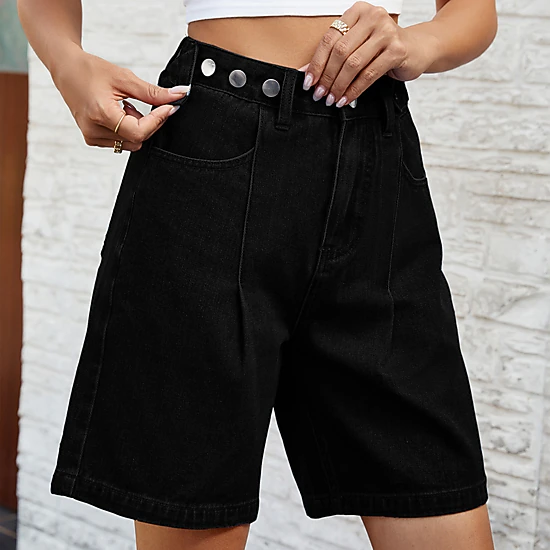EadianDree Womens High Waist Pleated Denim Bermuda Shorts Multi Button Relaxed Wide Leg Jean Shorts