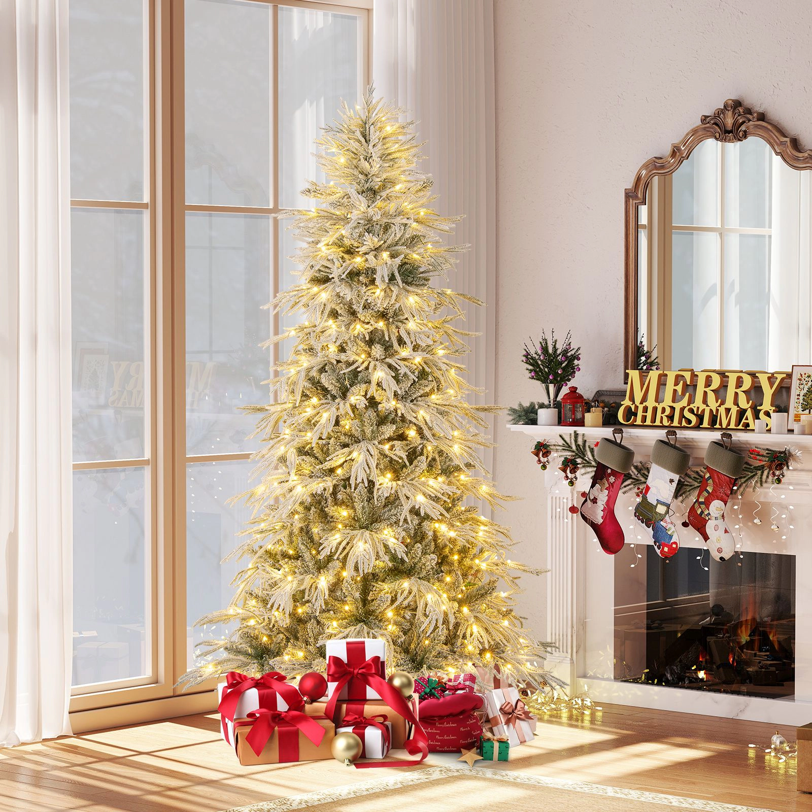 SlickBlue Snow Flocked Christmas Tree with Warm White LED Lights
