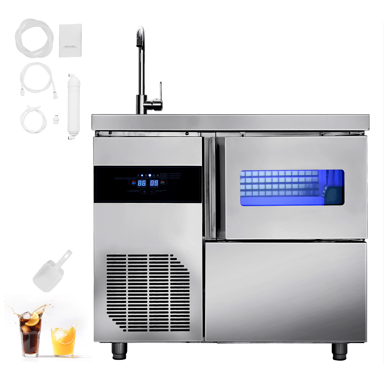 HONGGE Commercial Ice Maker Machine, Stainless Steel Ice Machine with Worktop, Storage & Cubes/Cycle