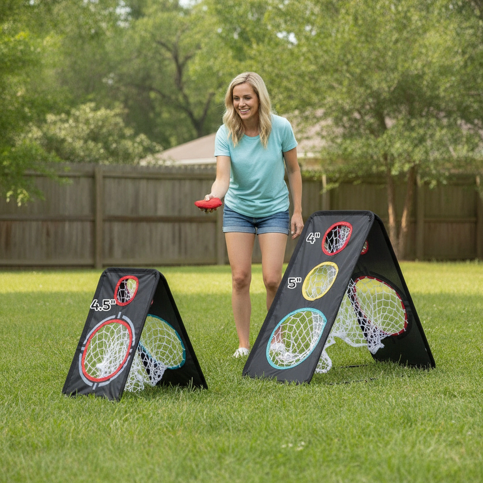 Dual-Sided Golf Chipping Net 5 Target Holes Reinforced Triangular Frame Tool-Free Buckles 24-in Foldable Black