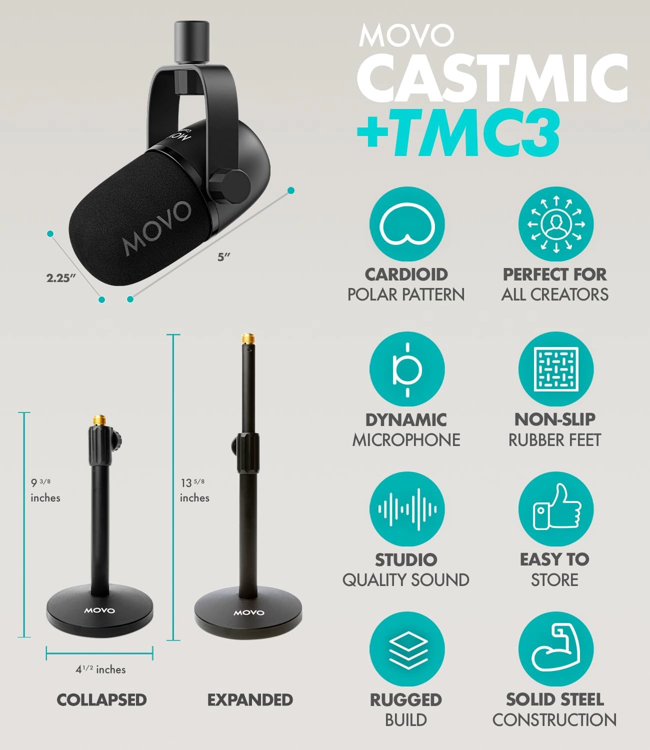 Movo Four Person Podcast Bundle with 4 Channel USB Audio Interface 4 CastMic Microphones and 4 Tabletop Stands