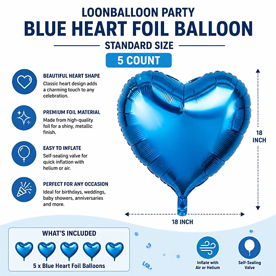 LoonBalloon 5-Pack Blue Heart Foil Balloons - 18 inch, Color: Blue ...