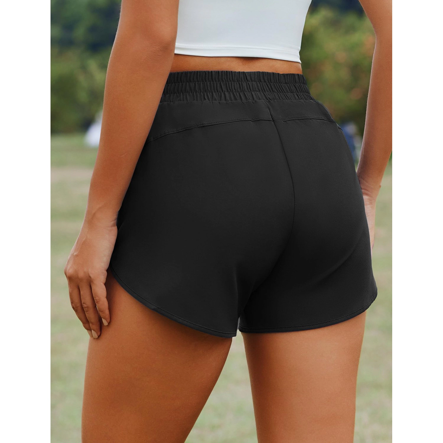 Pinspark Womens Solid High Waist Running Shorts Elastic Waist Side Slit Casual Shorts