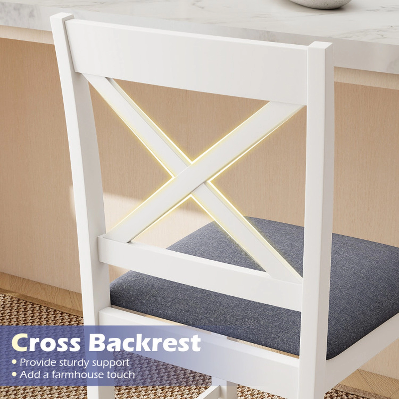 SUGIFT Gray Upholstered Cushioned Seat Set of 2 White X-Back Counter Height Bar Stools