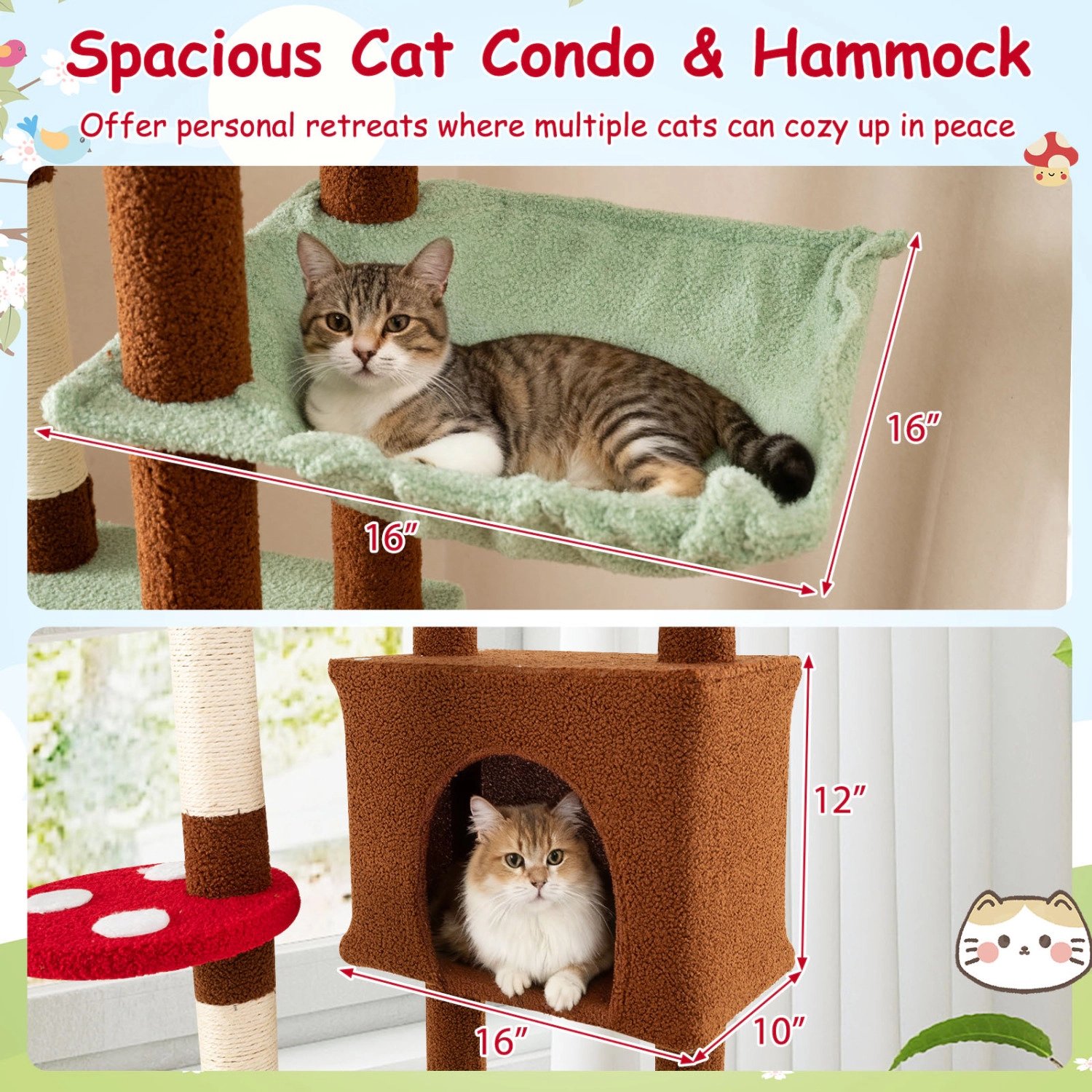 SUGIFT Height Adjustable Floor to Ceiling Cat Tree with Condo Hammock & Basket 22-lb Tiers 11-lb Hammock & Basket Brown