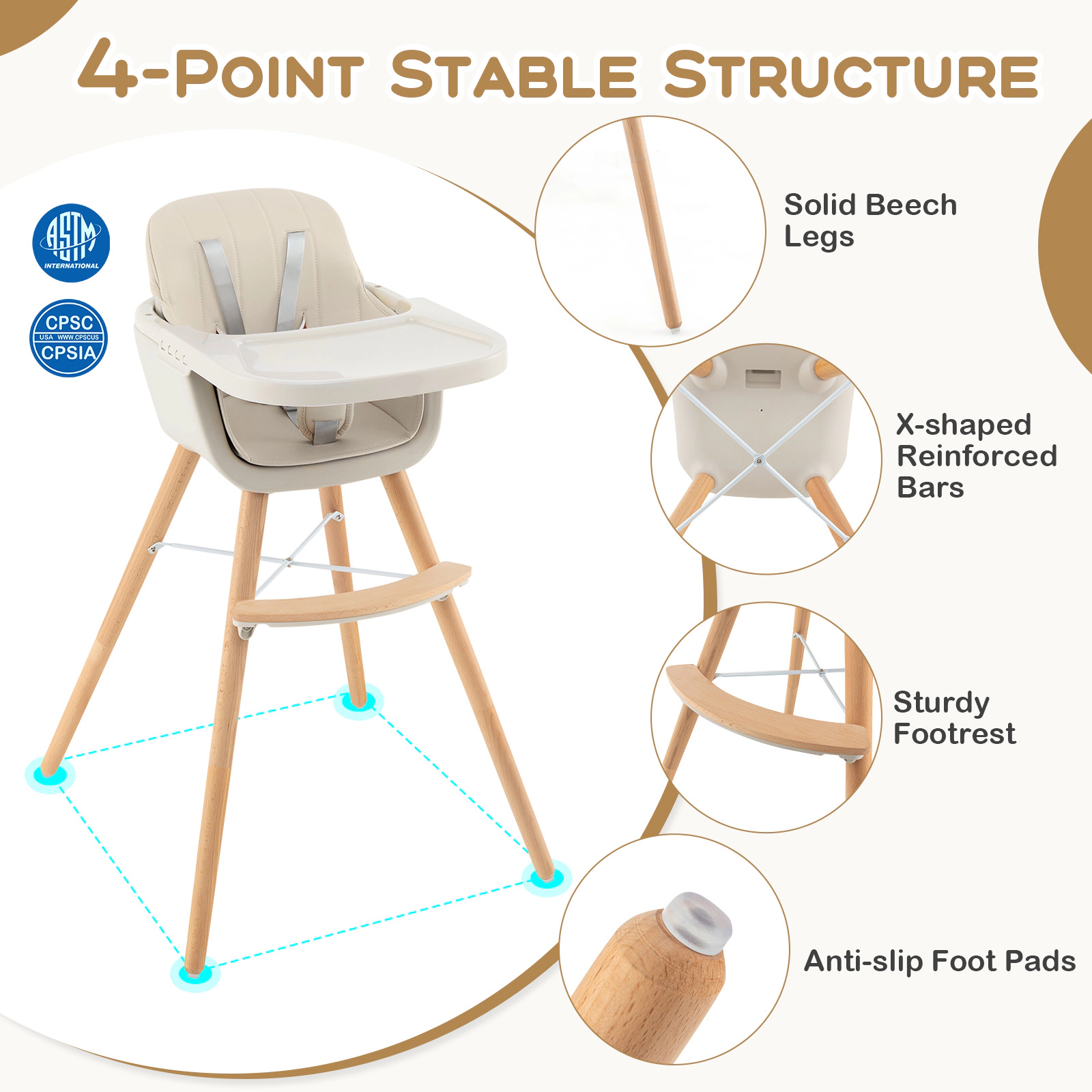 SUGIFT 3-in-1 Convertible Wooden High Chair with Cushion 35-lb Capacity Ages 6 Months-3 Years Beige