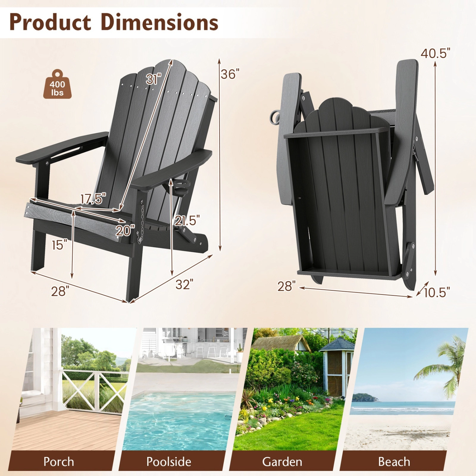 SUGIFT Weather-Resistant HDPE Folding Adirondack Chair, Grey