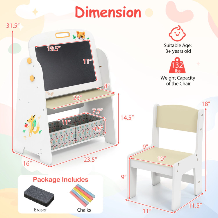 Hivvago 4-In-1 Kids Table And Chair Set Art Easel With Magnetic Whiteboard And Bookshelf