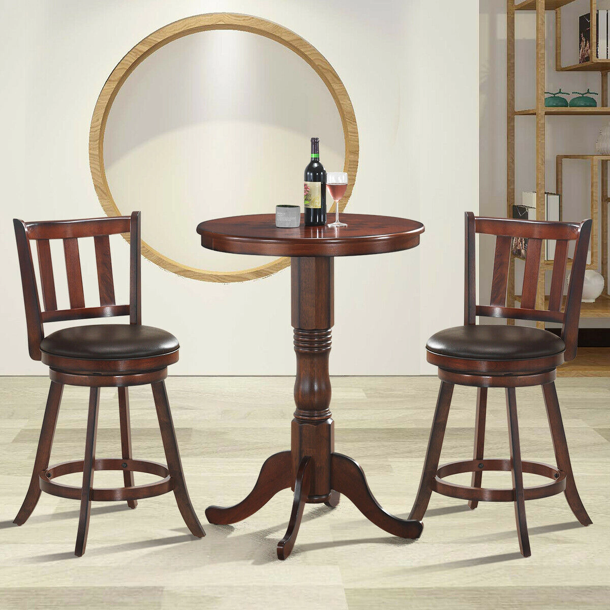 SUGIFT Nut Brown Cushioned PVC Leather Seat Set of 2 Swivel Counter Height Bar Stools