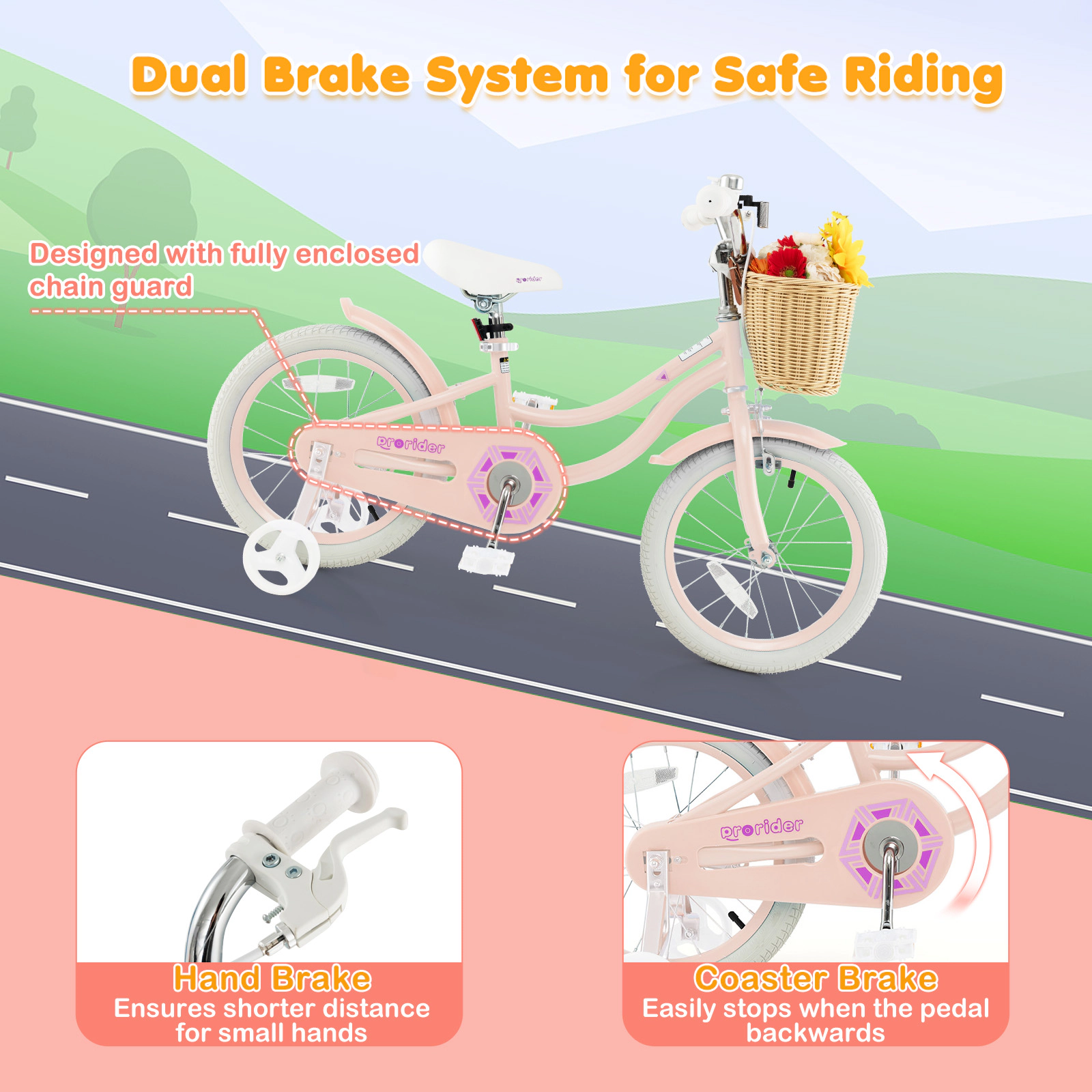 16-in Kids Bike for Girls Front Rear Reflectors Training Wheels and Adjustable Seat Carbon Steel Bicycle Ages 4-7 Pink