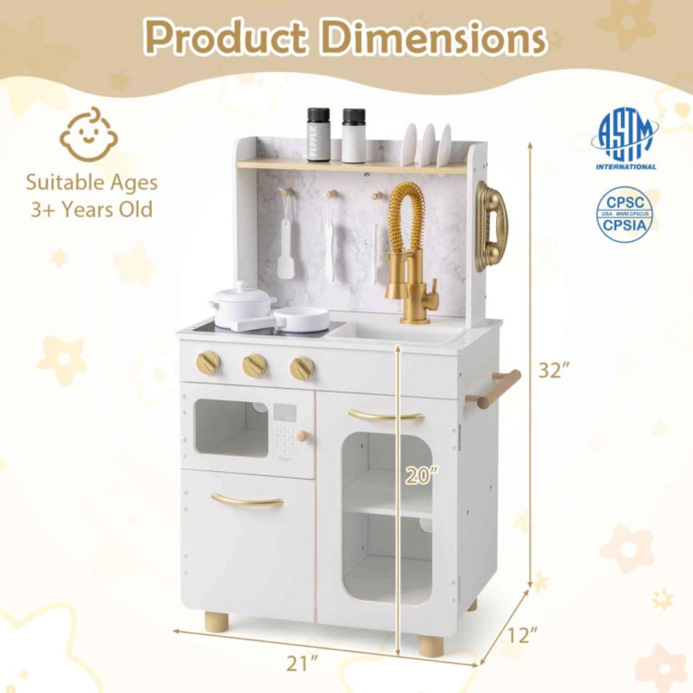 Hivvago Kids Kitchen Set Pretend Play Kitchen with Stoves Faucet Sink Telephone Microwave and Oven-White