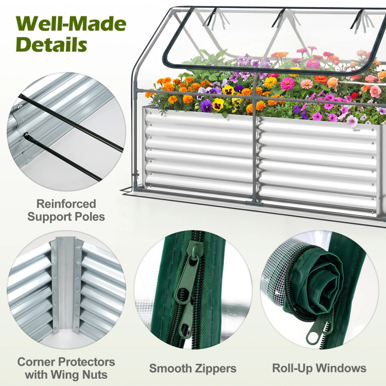 SUGIFT Galvanized Raised Garden Bed with Mini Greenhouse Cover Outdoor Planter Silver + Clear