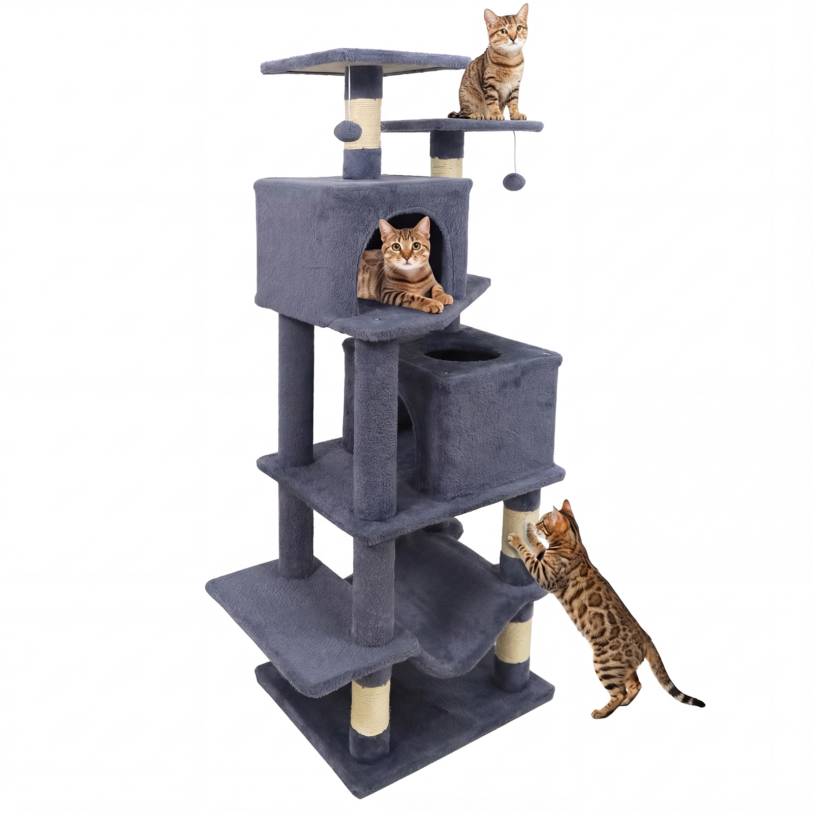 SUGIFT 57-in Gray Cat Tree Tower with Dual Condos Hammock 2 Perches Sisal Posts and Anti-Tipping Kit