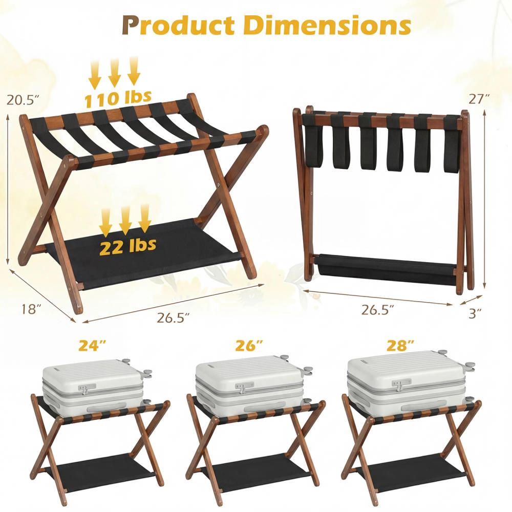 Hivvago Solid Rubberwood Folding Luggage Rack with Nylon Shelves