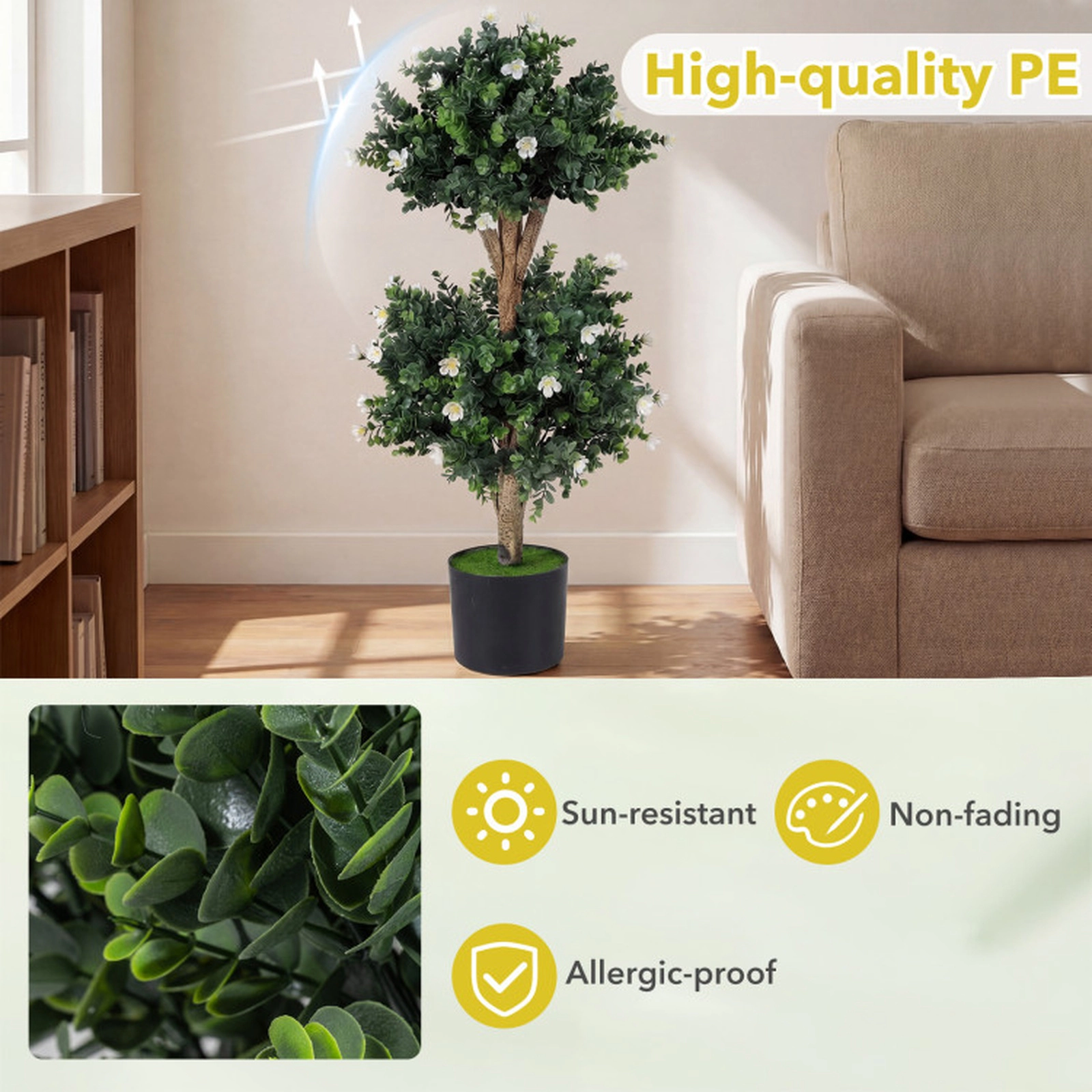 SUGIFT Set of 2 36-in Artificial Double Ball Boxwood Topiary Trees with 41 White Blossoms and Pots
