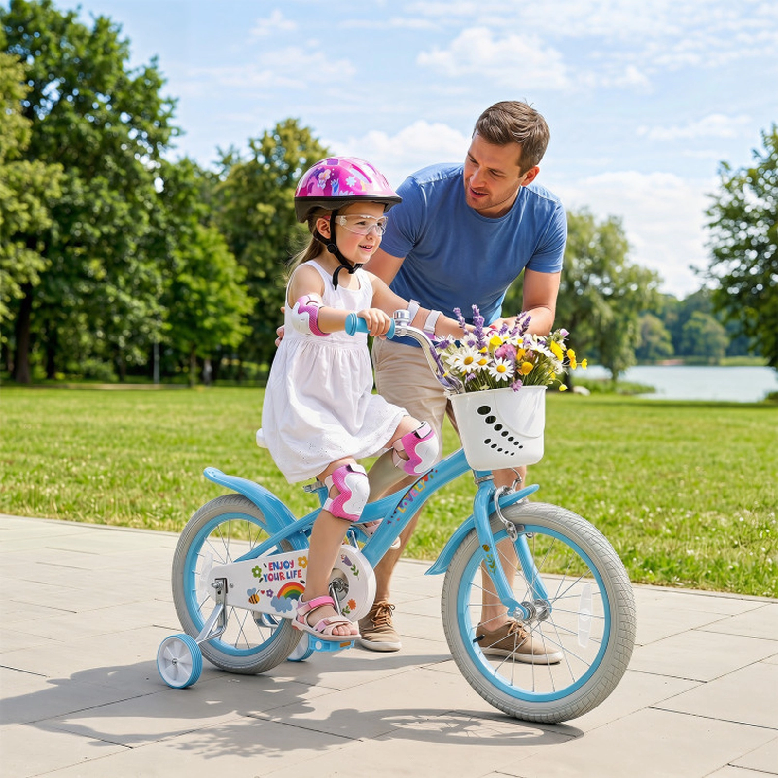 SUGIFT Blue Training Wheels Front Basket and Adjustable Seat Girls Bike