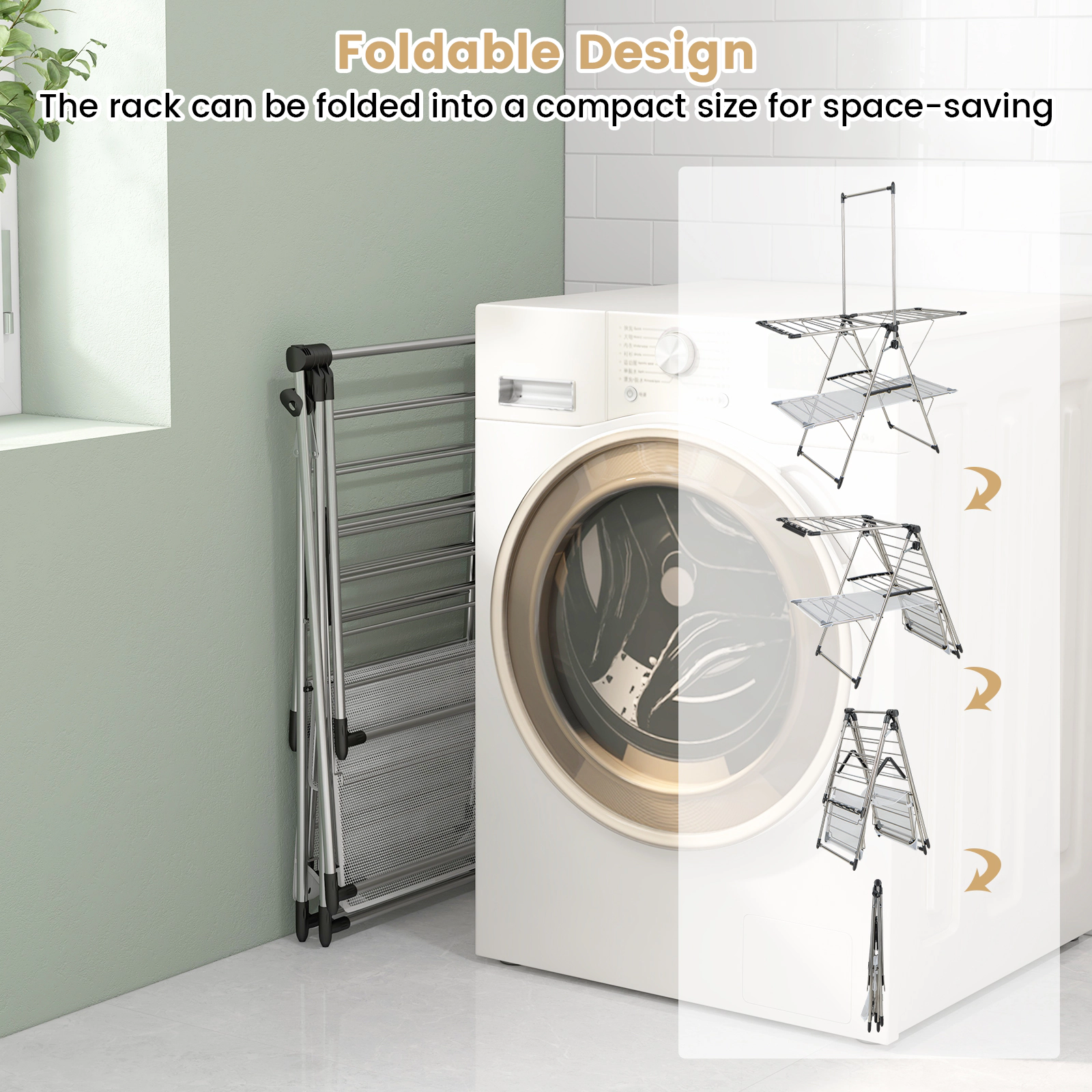 SUGIFT Large Foldable Clothes Drying Rack Silver with Tall Hanging Bar and Shelf