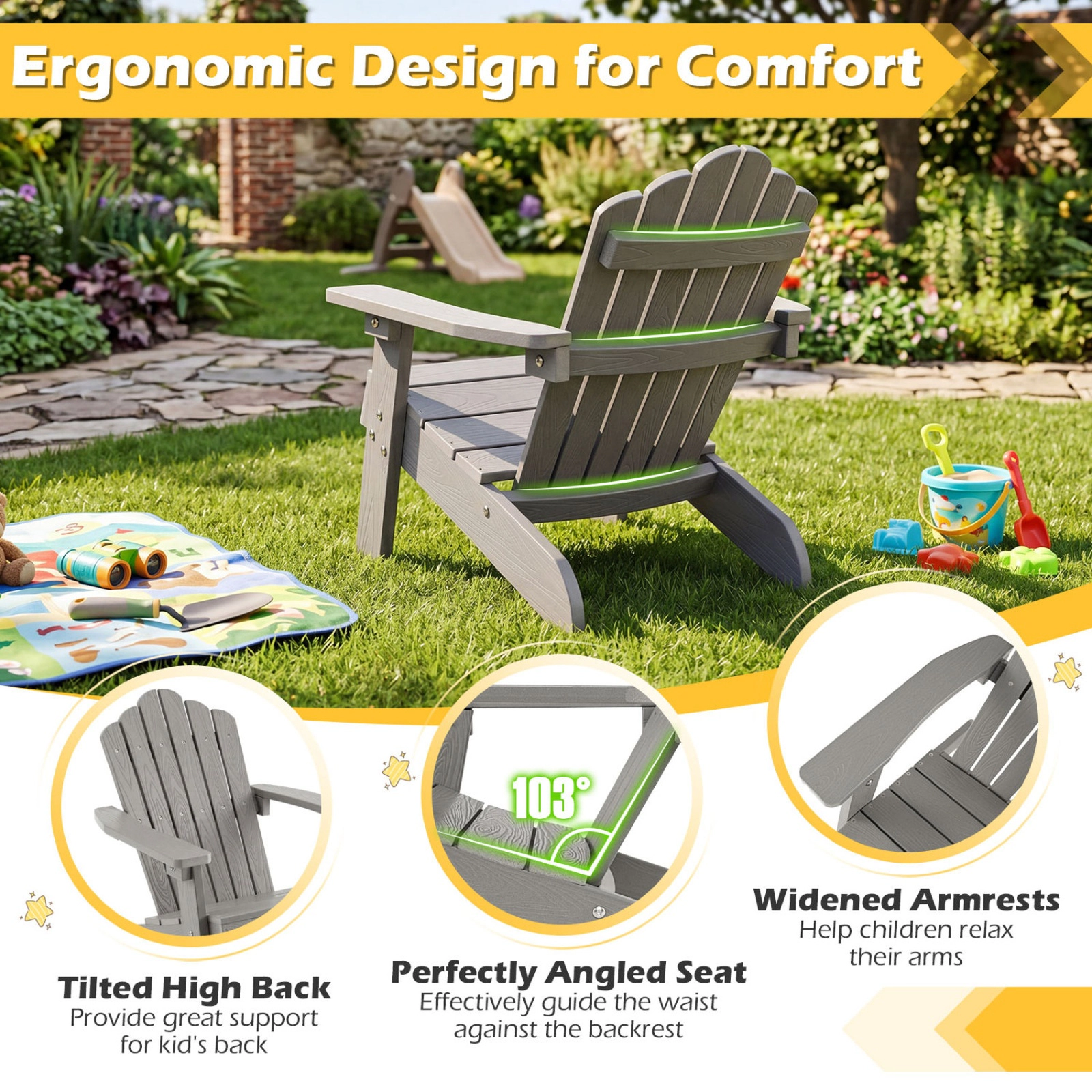 SUGIFT Tilted High Backrest All-Weather Outdoor Kids Adirondack Chair
