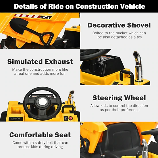 Glintex 12V Kids Ride-On Dump Truck with Electric Bucket and Detachable Shovel, Yellow