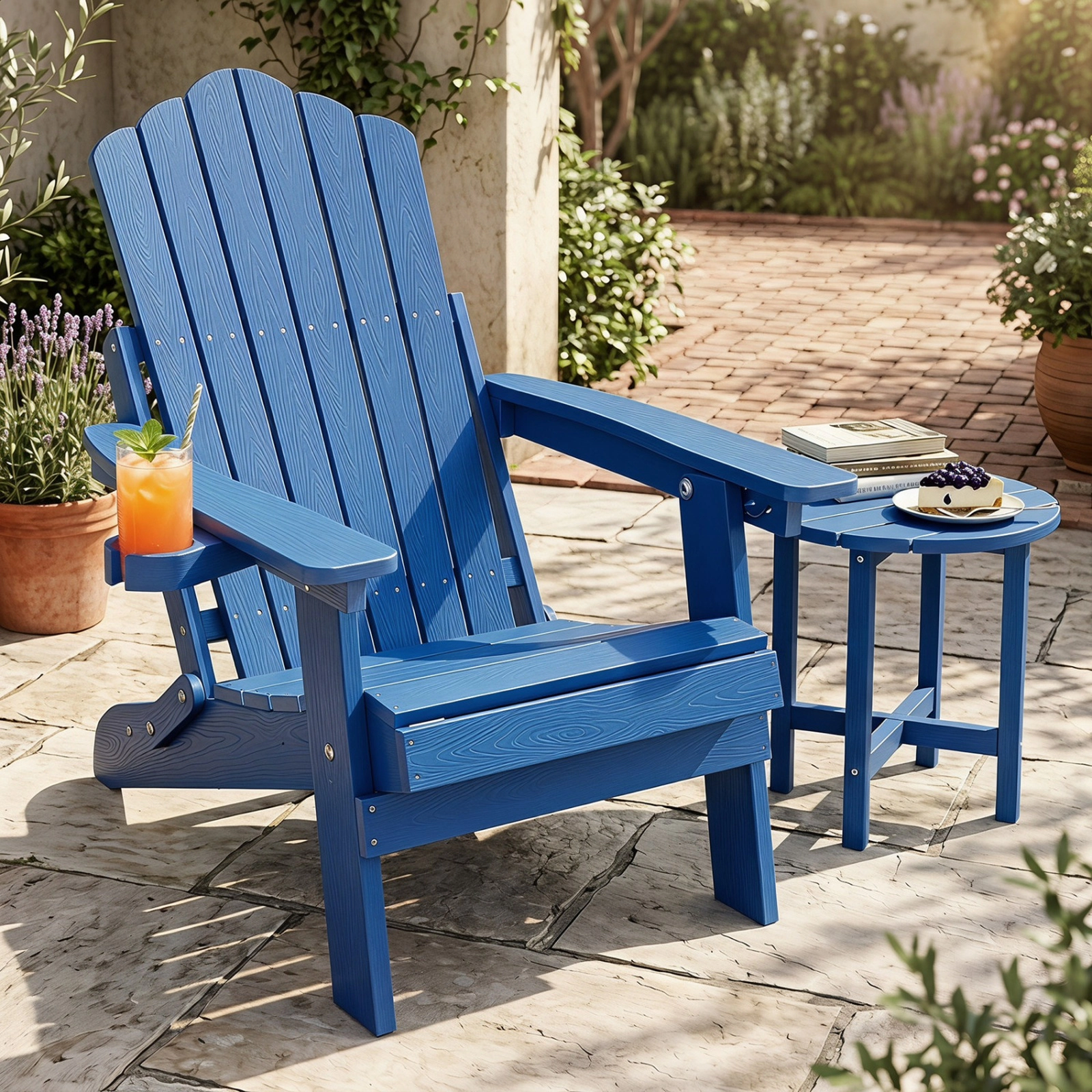 SUGIFT Outdoor Folding Adirondack Chair with 5-Position Backrest and Swivel Cup Holder 330-lb Capacity Navy