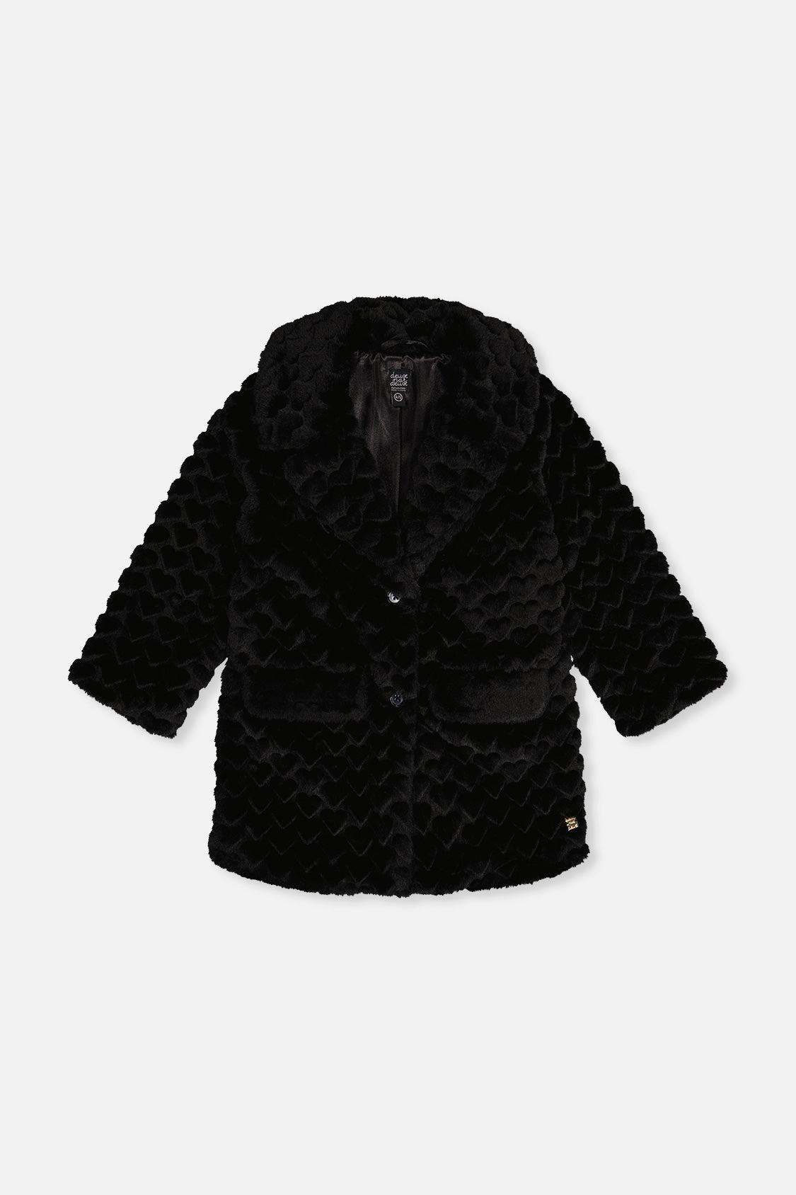 Deux par Girls Button Front Textured Heart Pattern Faux Fur Long Coat
