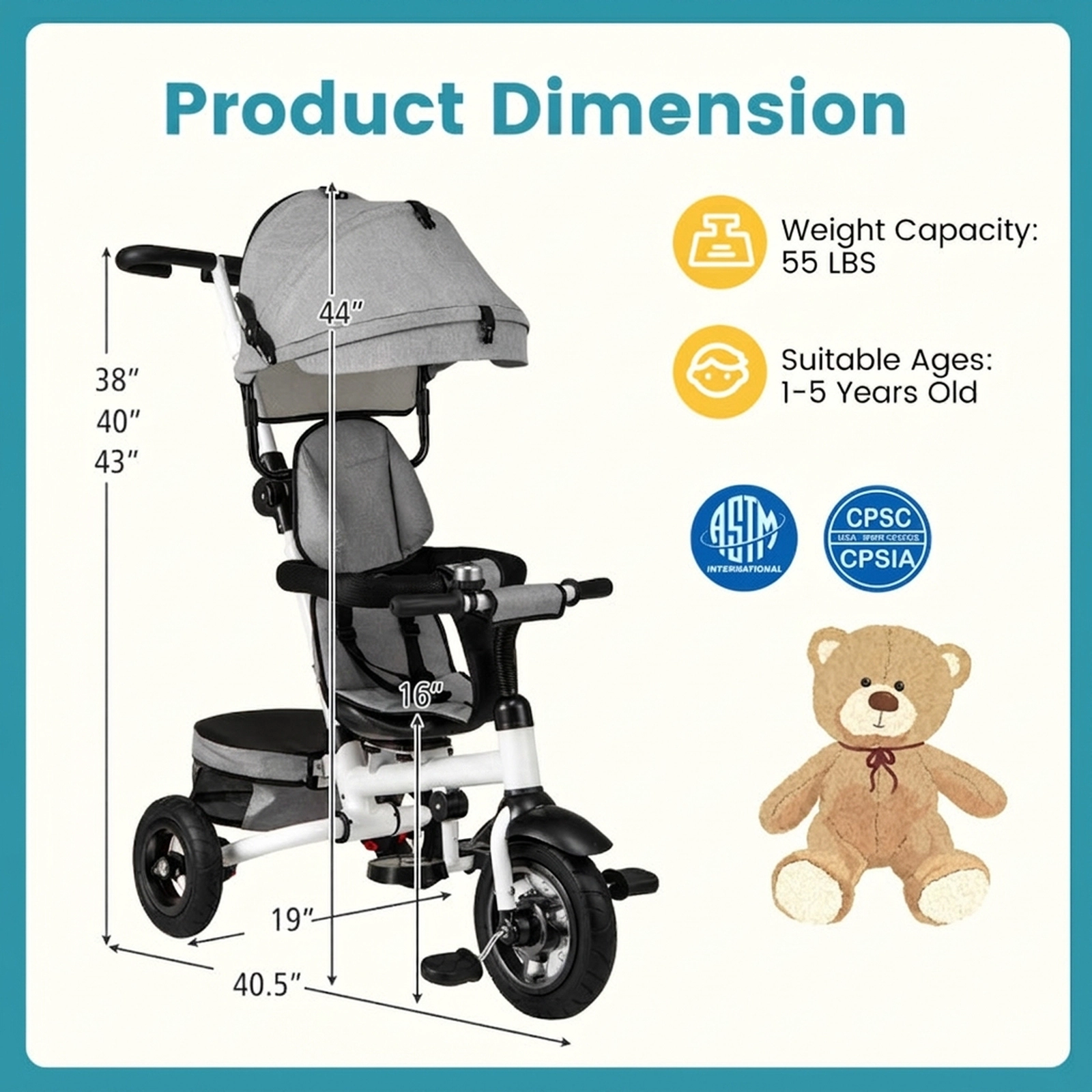 SUGIFT Gray 5-Mode Folding Toddler Tricycle, Reversible Seat, 3-Height Push Handle