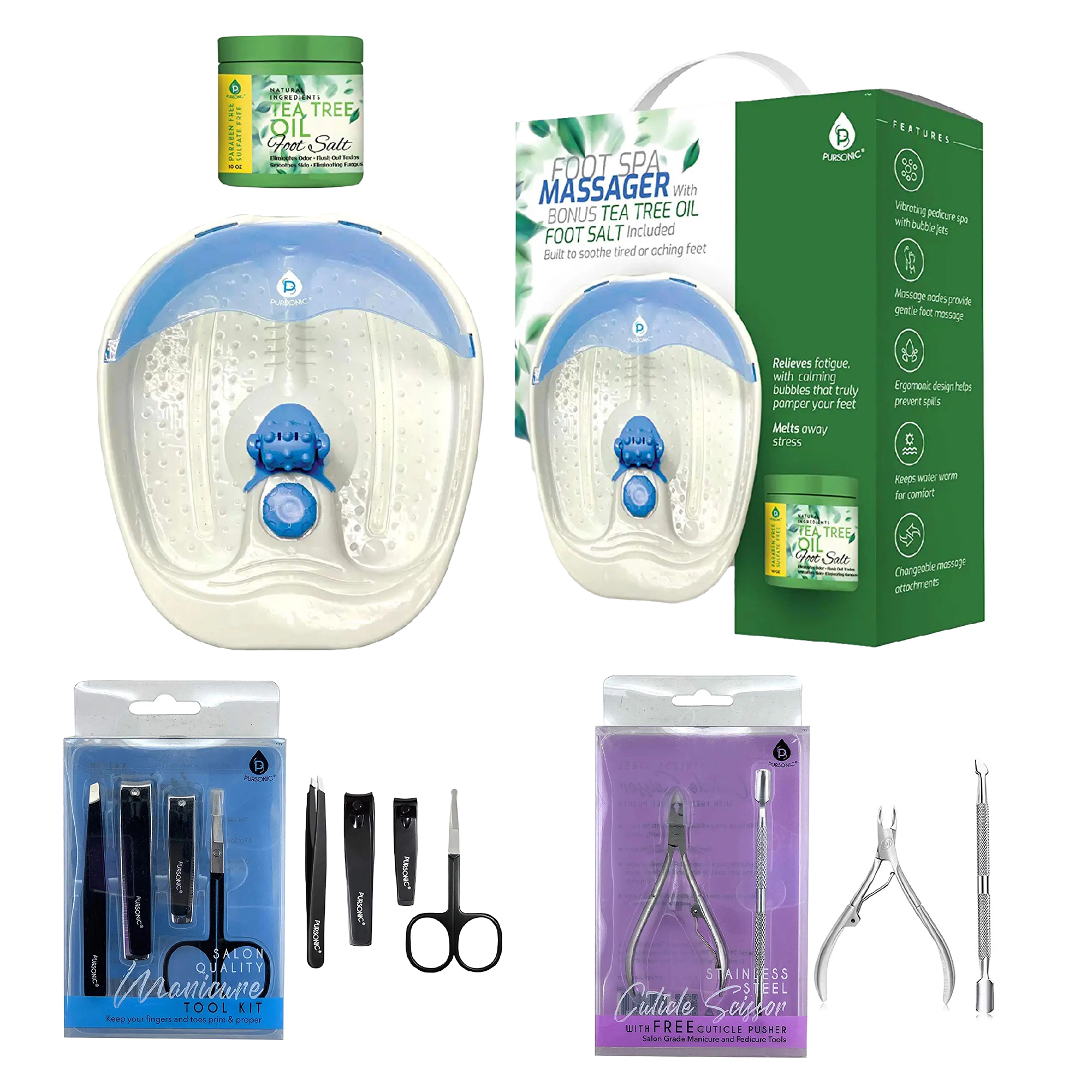 Pursonic Unisex Ultimate Home Spa & Grooming Bundle – Heated Foot Spa Massager, Salon-Grade Manicure Pedicure Tool Kit & Precision Beauty Set
