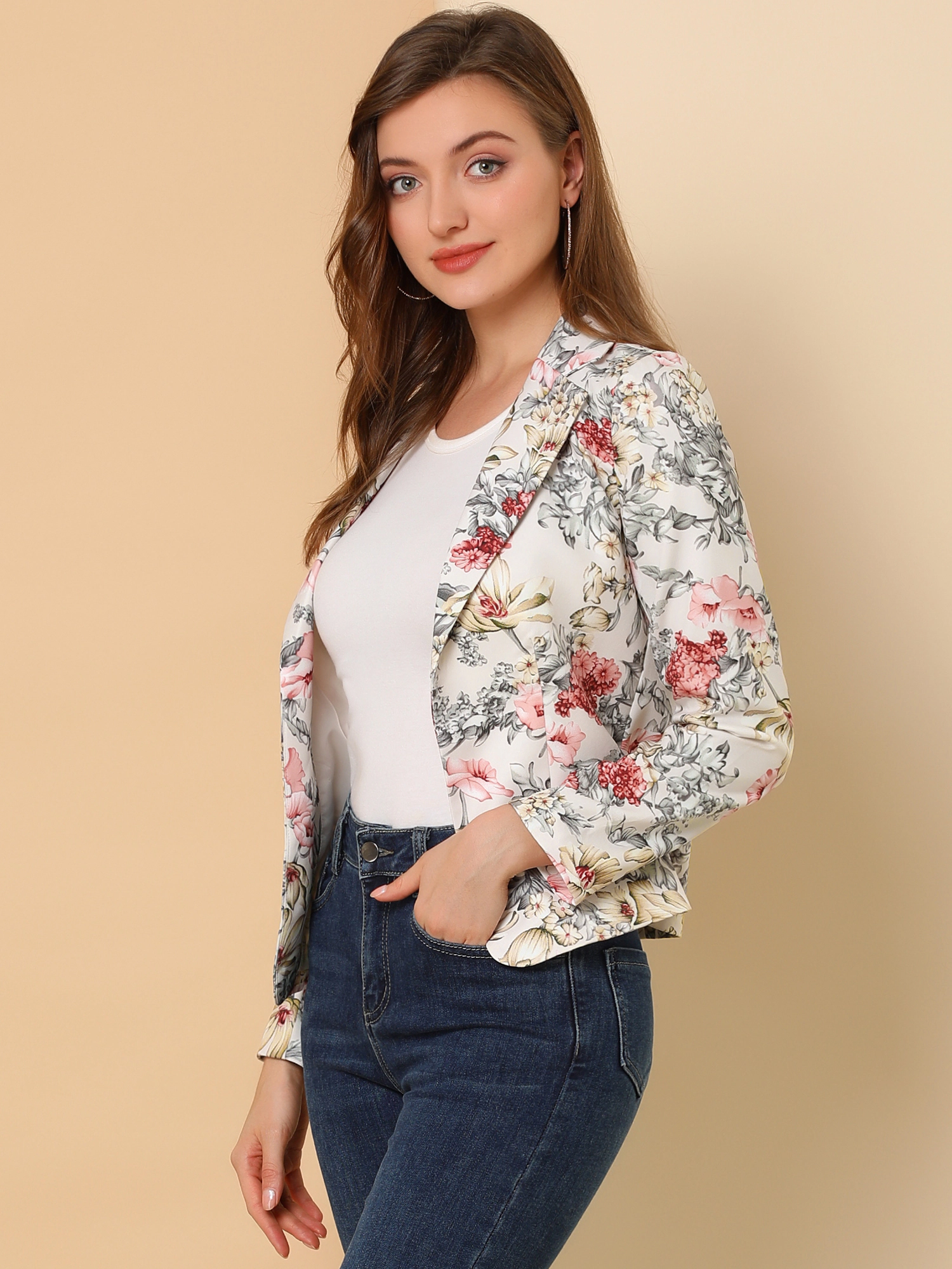 INSPIRE CHIC Women's Notched Lapel Open Front Print Business Casual Blazer