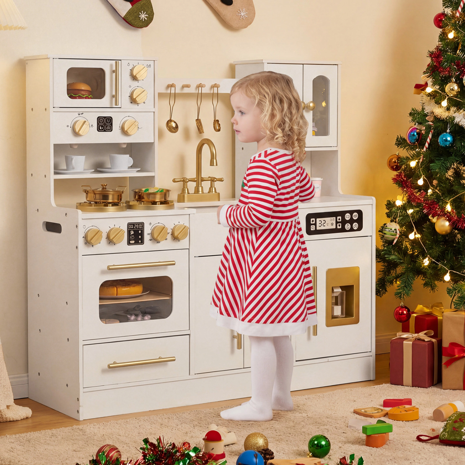 LJG Wooden Kids Kitchen Playset with Realistic Lights and Sounds