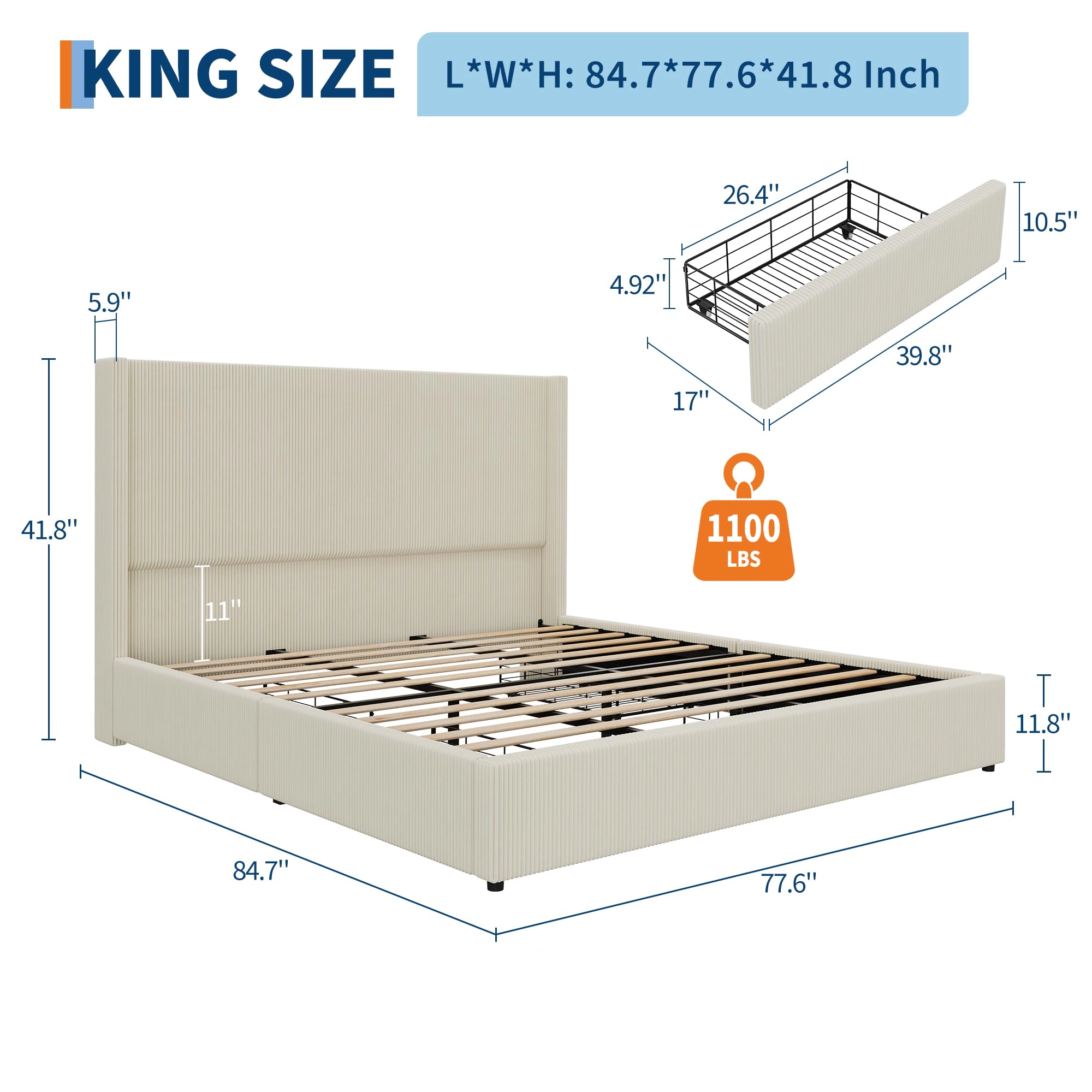 BebreezChic Corduroy Upholstered Bed Frame with Wingback Headboard & 4 Storage Drawers, No Box Spring