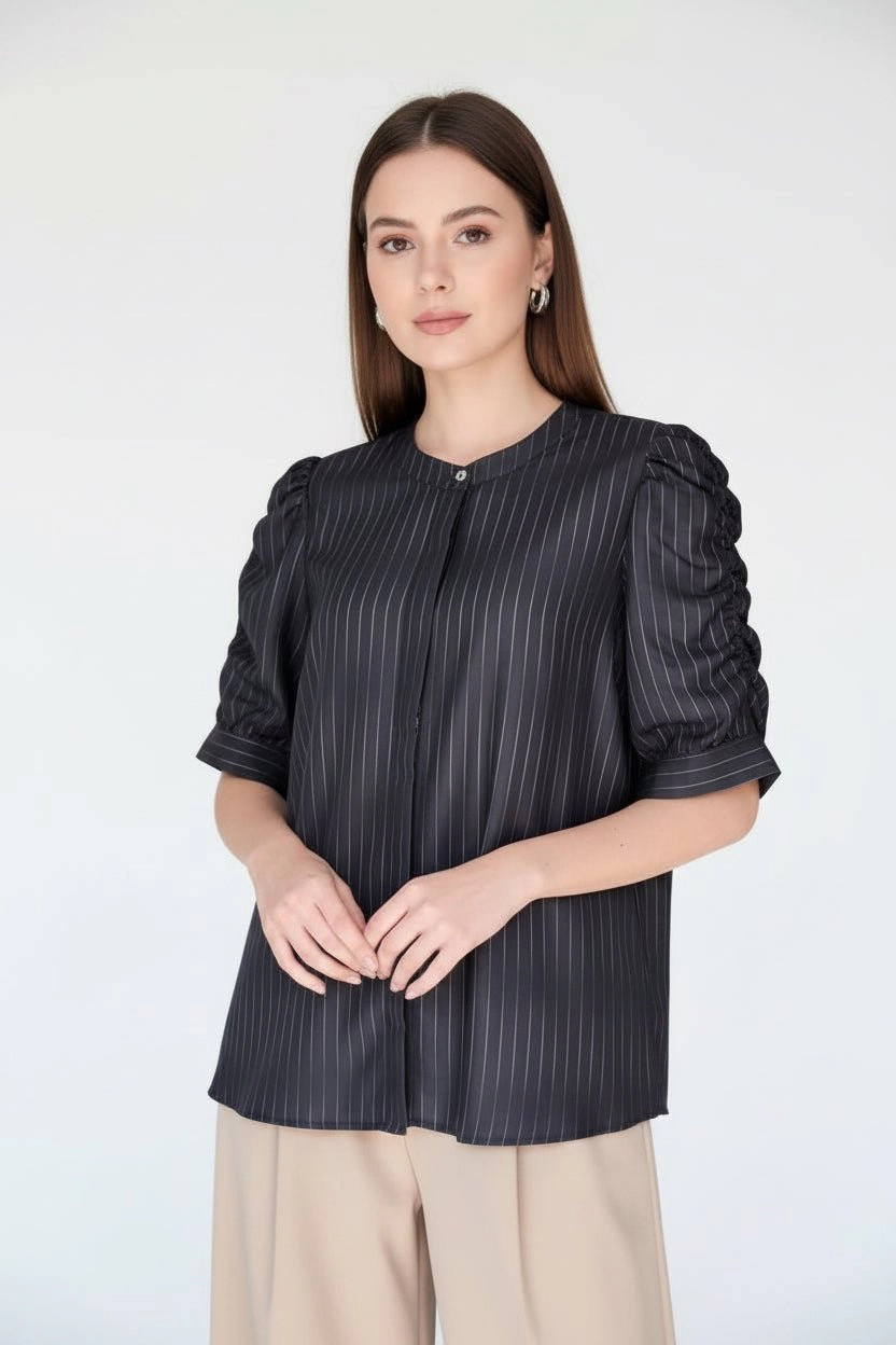 DressAtR Women's Elbow Puff Sleeve Round Neck Button Front Blouse