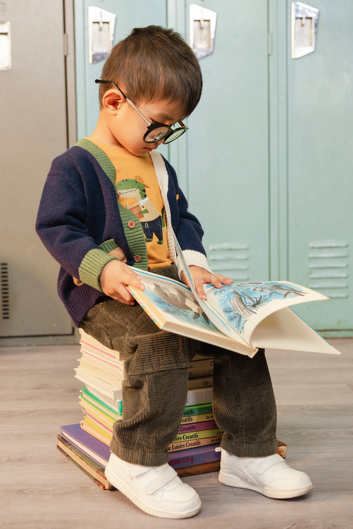 Deux par Boys Button Front Knit Cardigan with Dino Embroidery and Colorblock Pockets