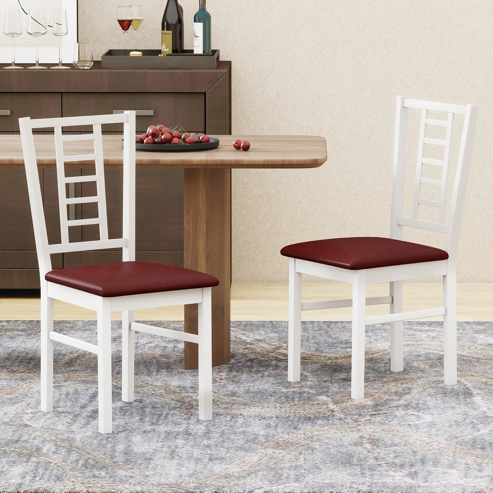 SUGIFT Lattice Slat Back and PU Leather Upholstered Set of 2 Rubber Wood Dining Chairs