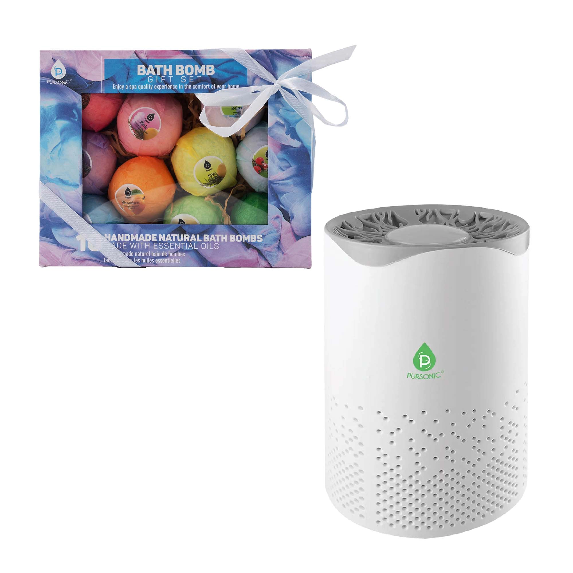 Pursonic Unisex Clean Air & Aromatherapy Wellness Bundle with True HEPA Air Purifier & Organic Bath Bomb Set
