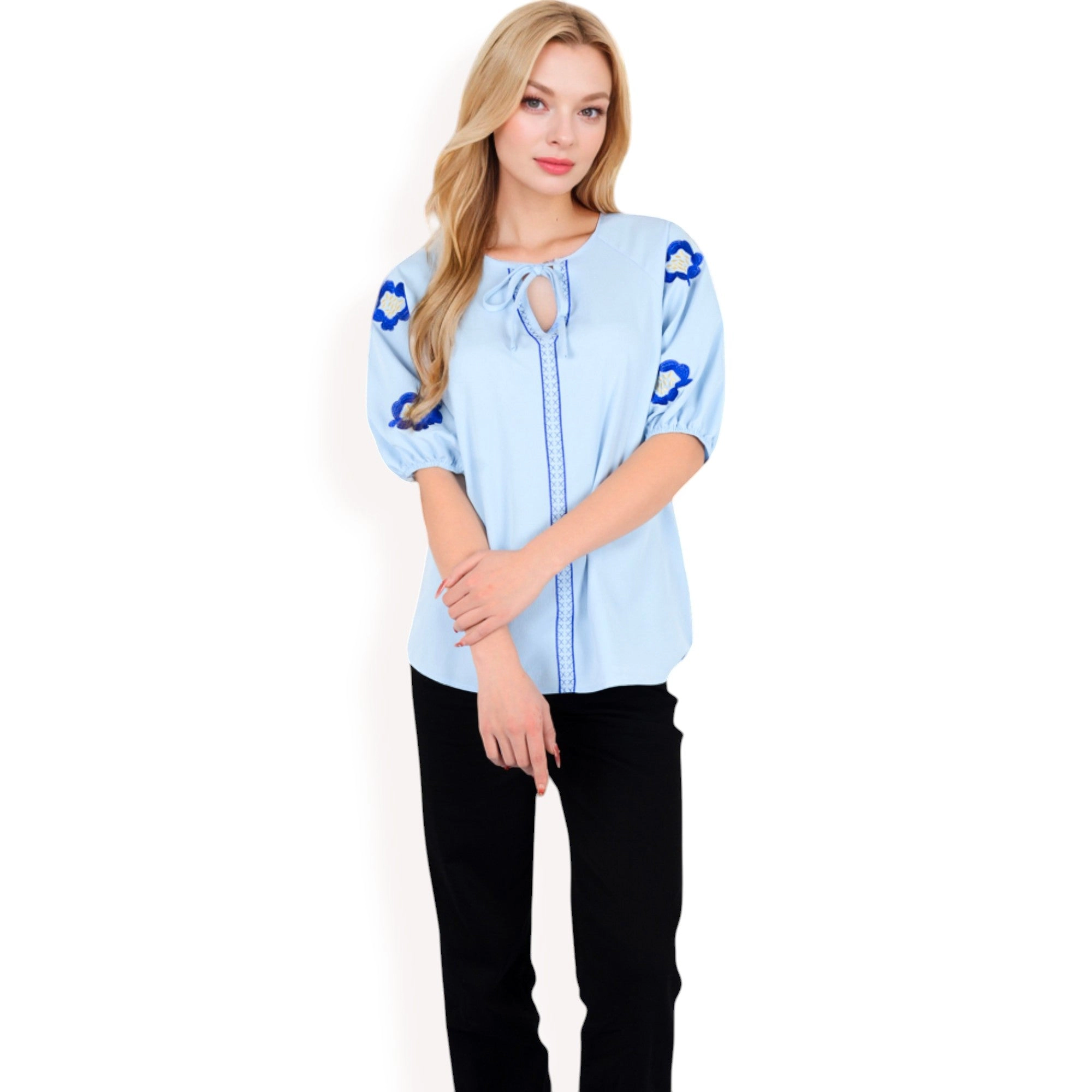 Anna-Kaci Womens Floral Embroidered V-Neck Puff Sleeve Blouse