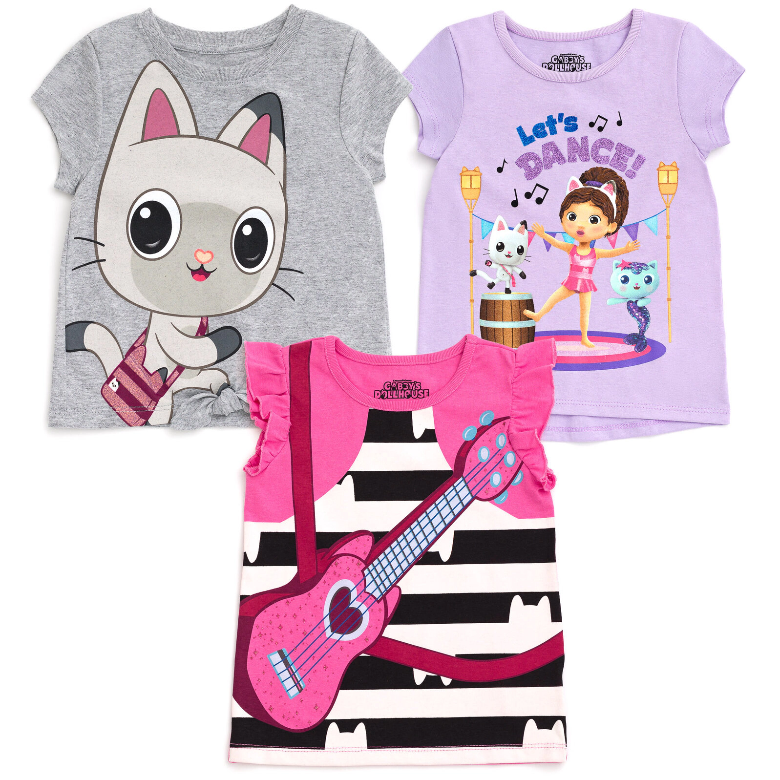 Dreamworks Gabby's Dollhouse Girls' 3-Pack Glitter T-Shirts